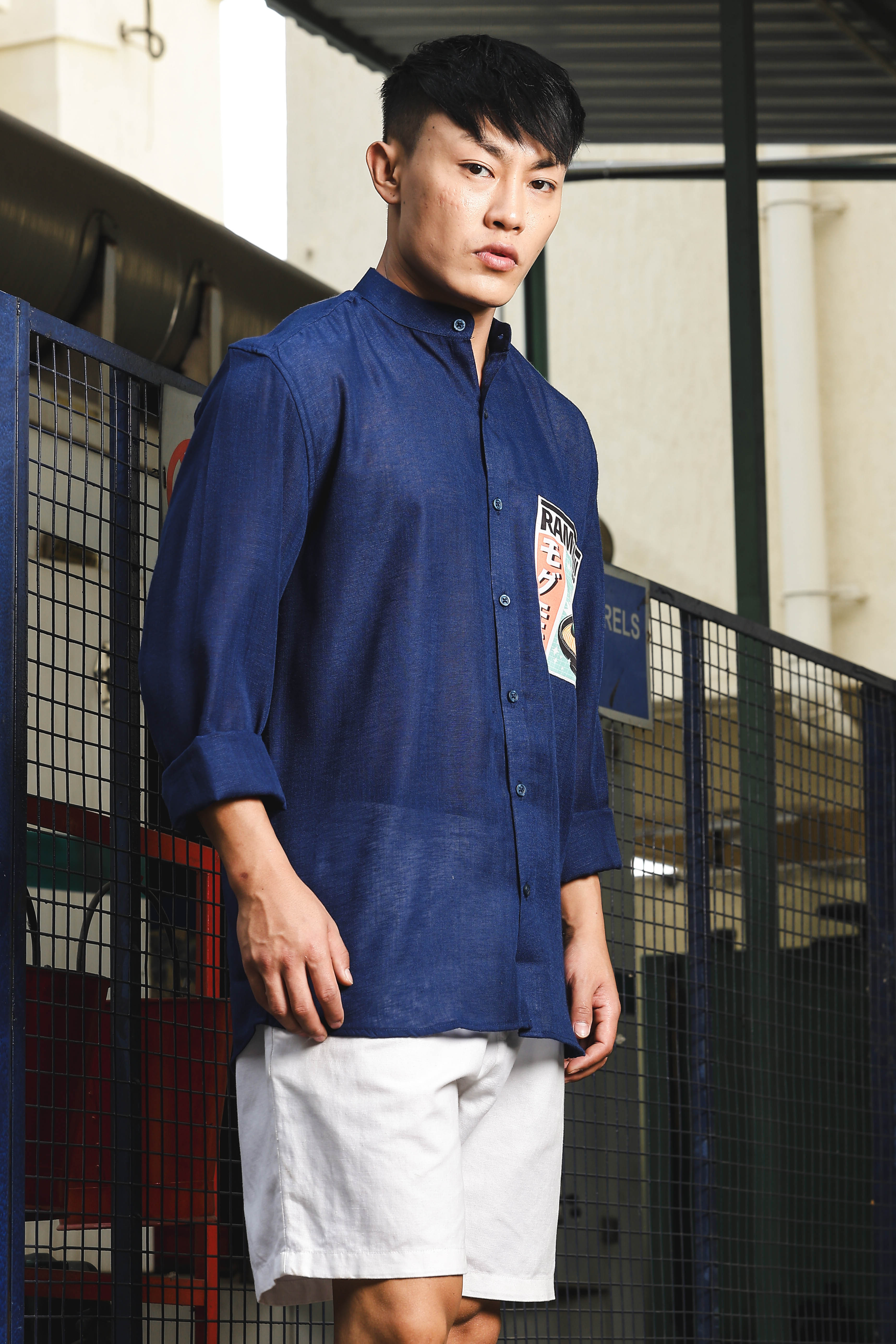 Linen Blend Blue Mandarin Collar Relaxed Fit Shirt with Applique Pocket