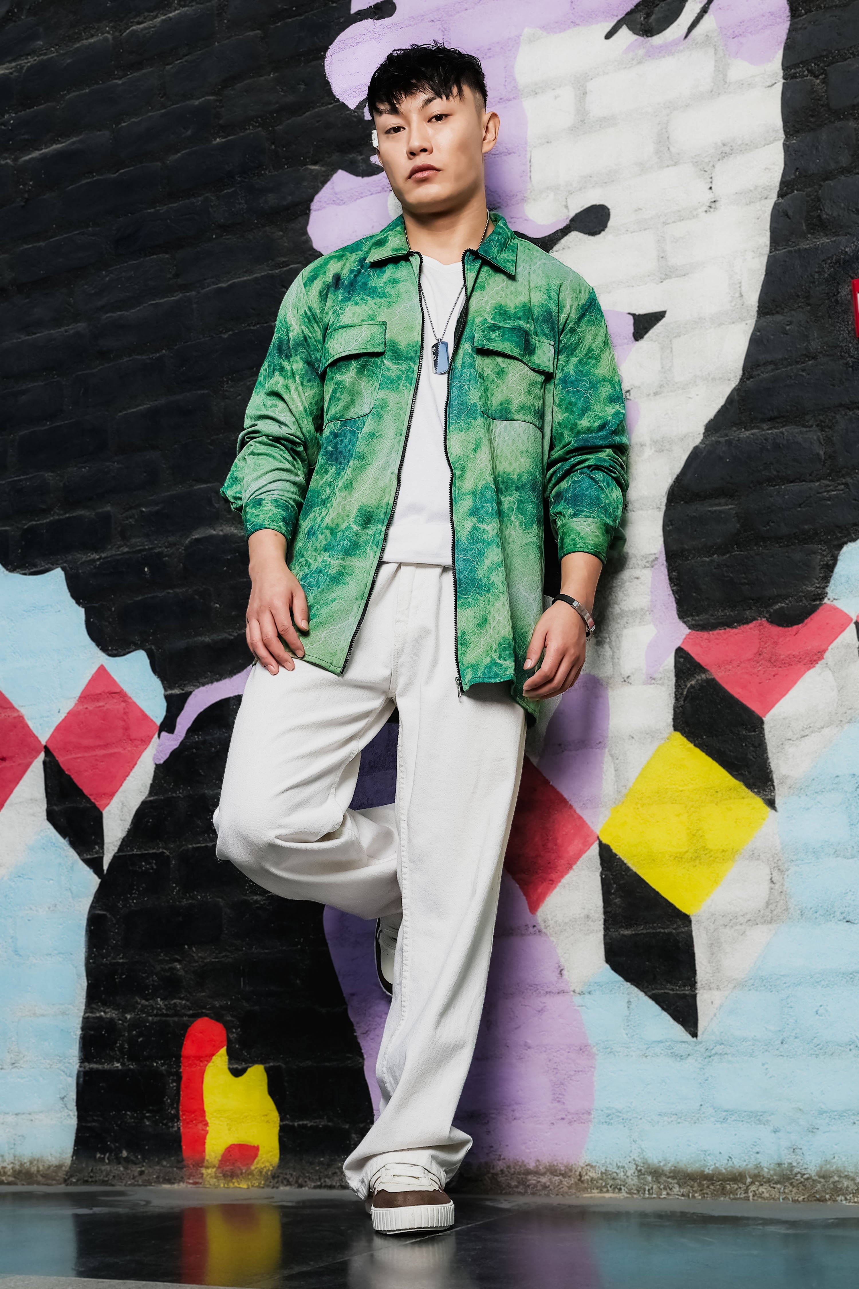 Grey & Green Abstract Printed Drop-Shoulder Relaxed Fit Shirt Zipper Shacket