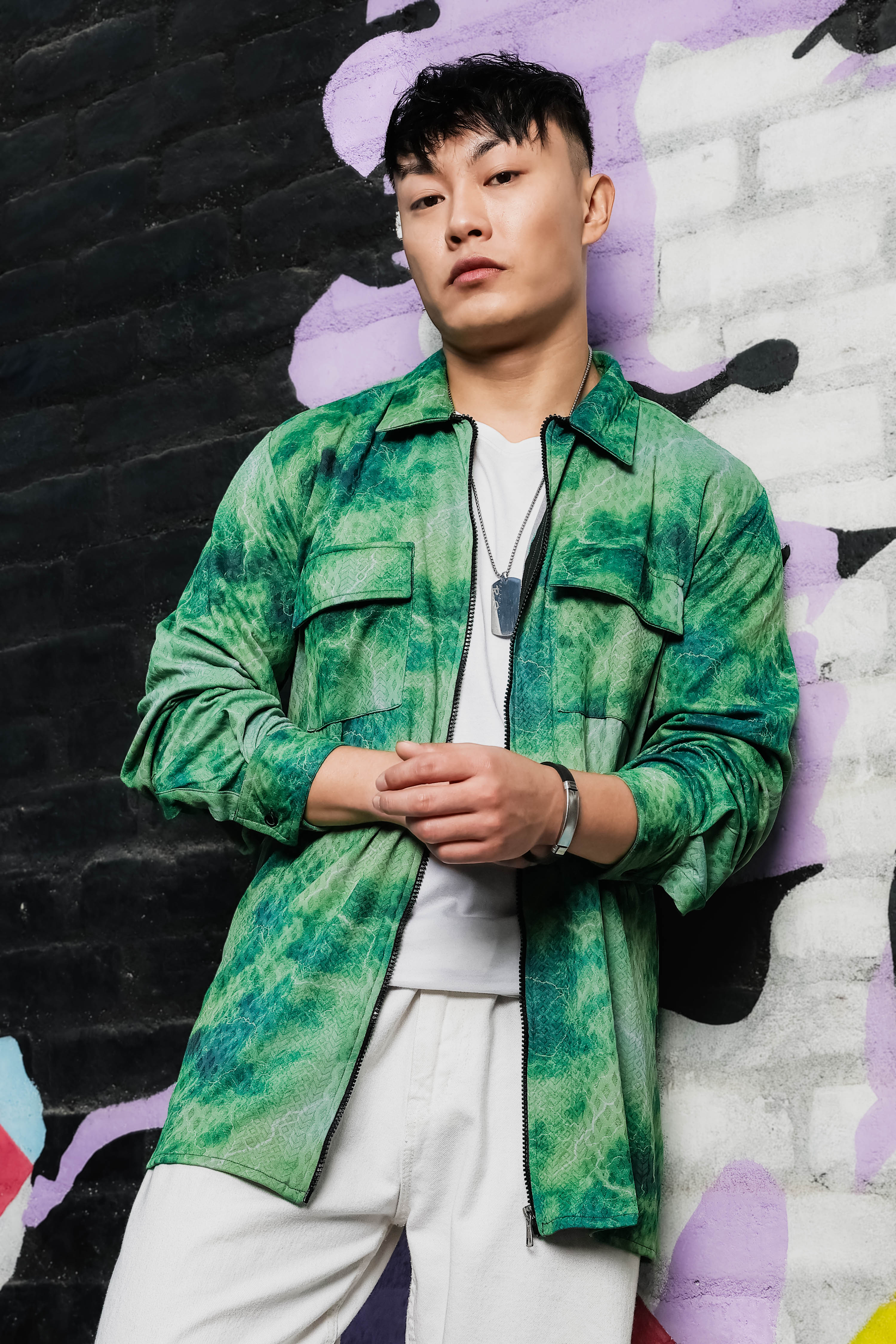 Grey & Green Abstract Printed Drop-Shoulder Relaxed Fit Shirt Zipper Shacket