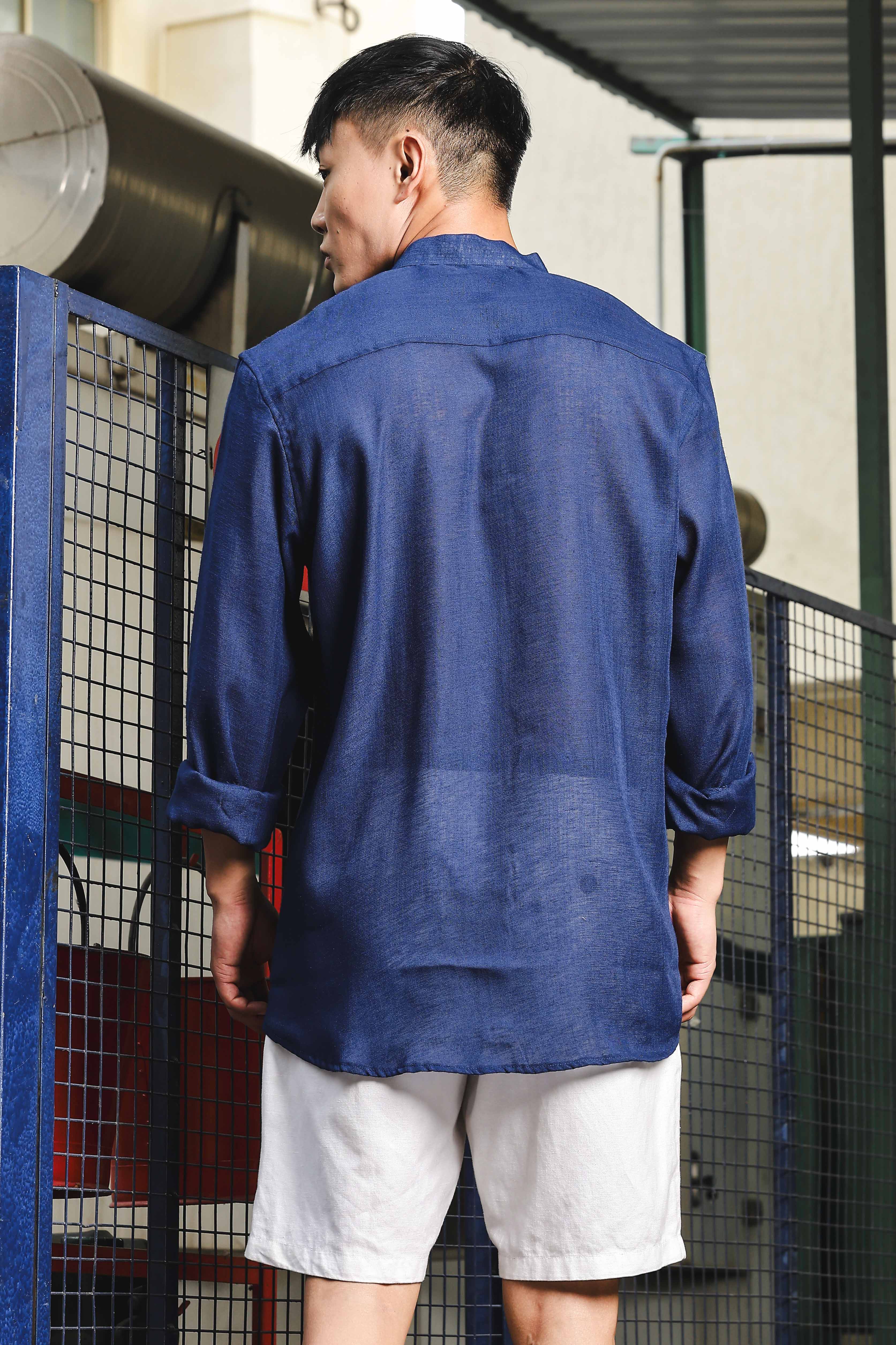 Linen Blend Blue Mandarin Collar Relaxed Fit Shirt with Applique Pocket
