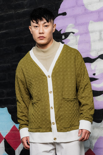 Olive Textured & Self Design V-Neck Knitted Cardigan