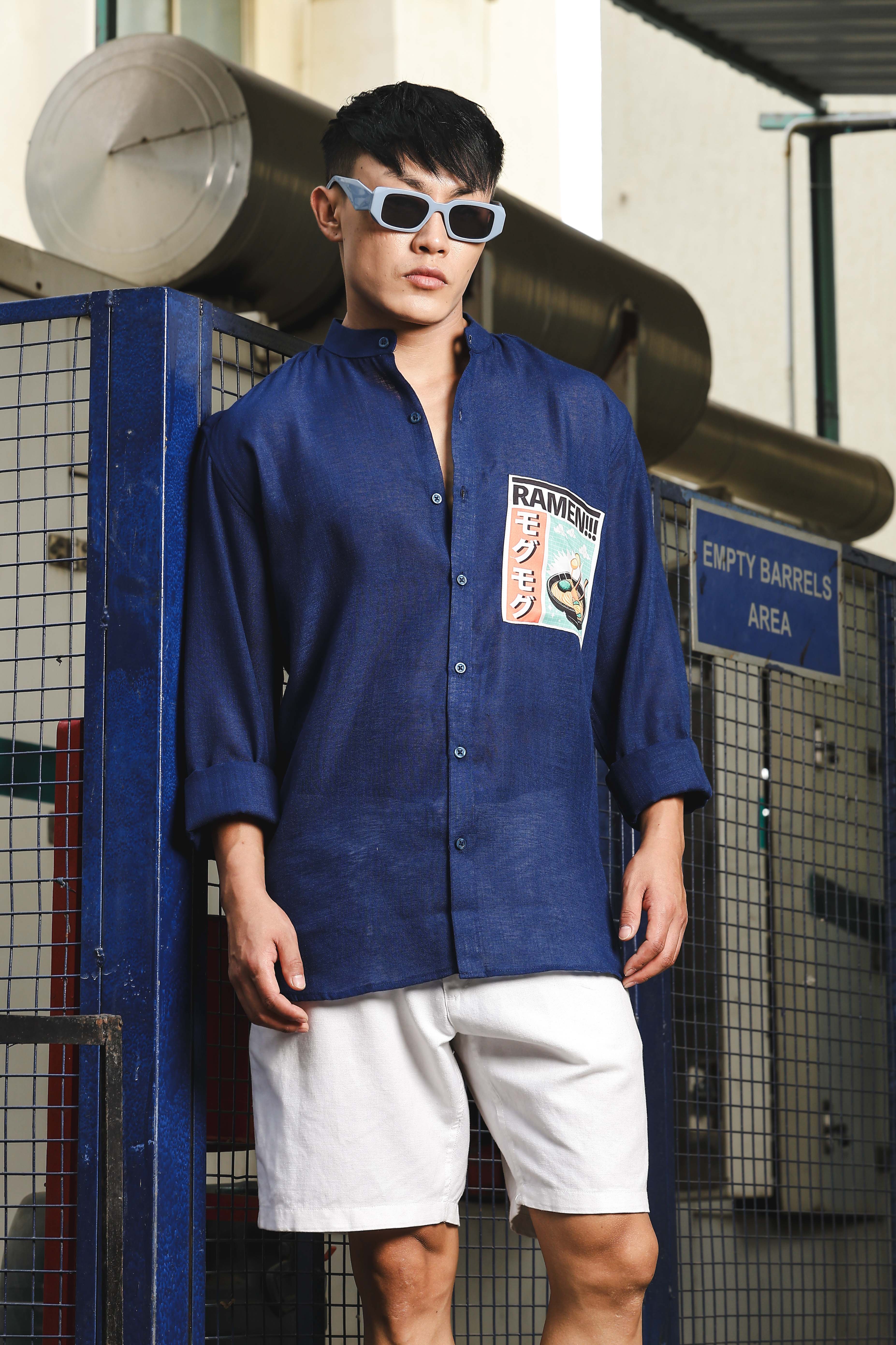 Linen Blend Blue Mandarin Collar Relaxed Fit Shirt with Applique Pocket
