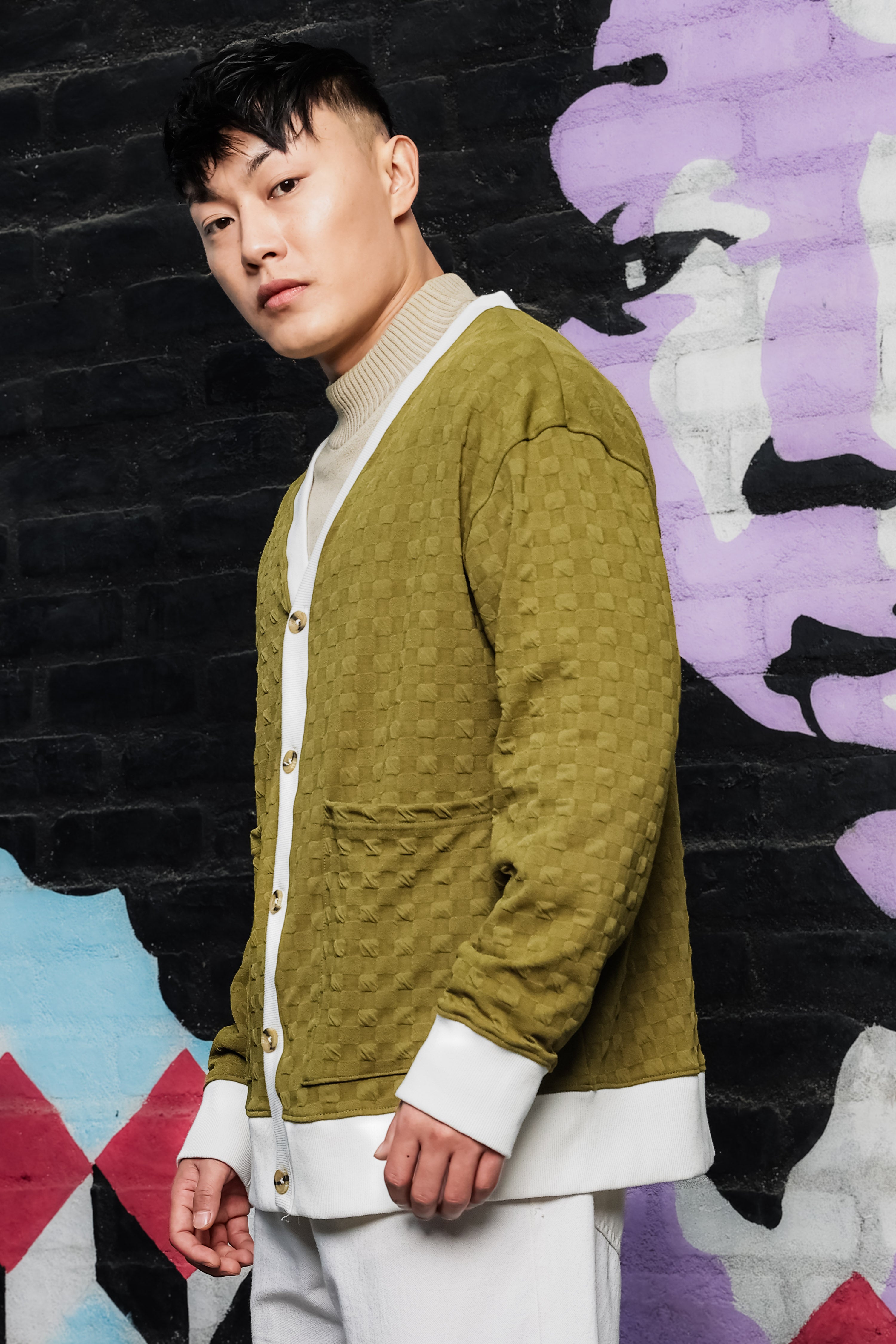 Olive Textured & Self Design V-Neck Knitted Cardigan