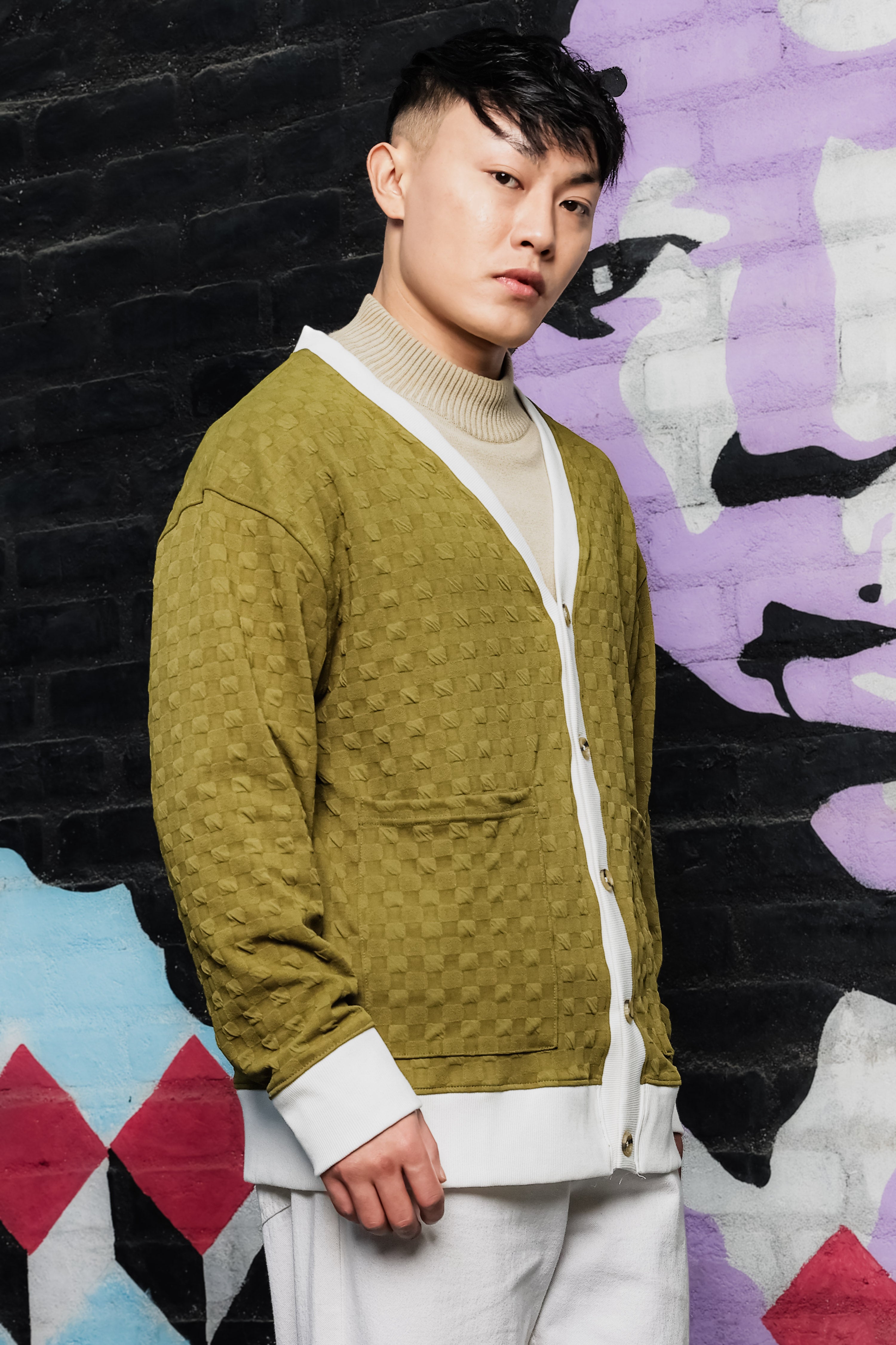 Olive Textured & Self Design V-Neck Knitted Cardigan