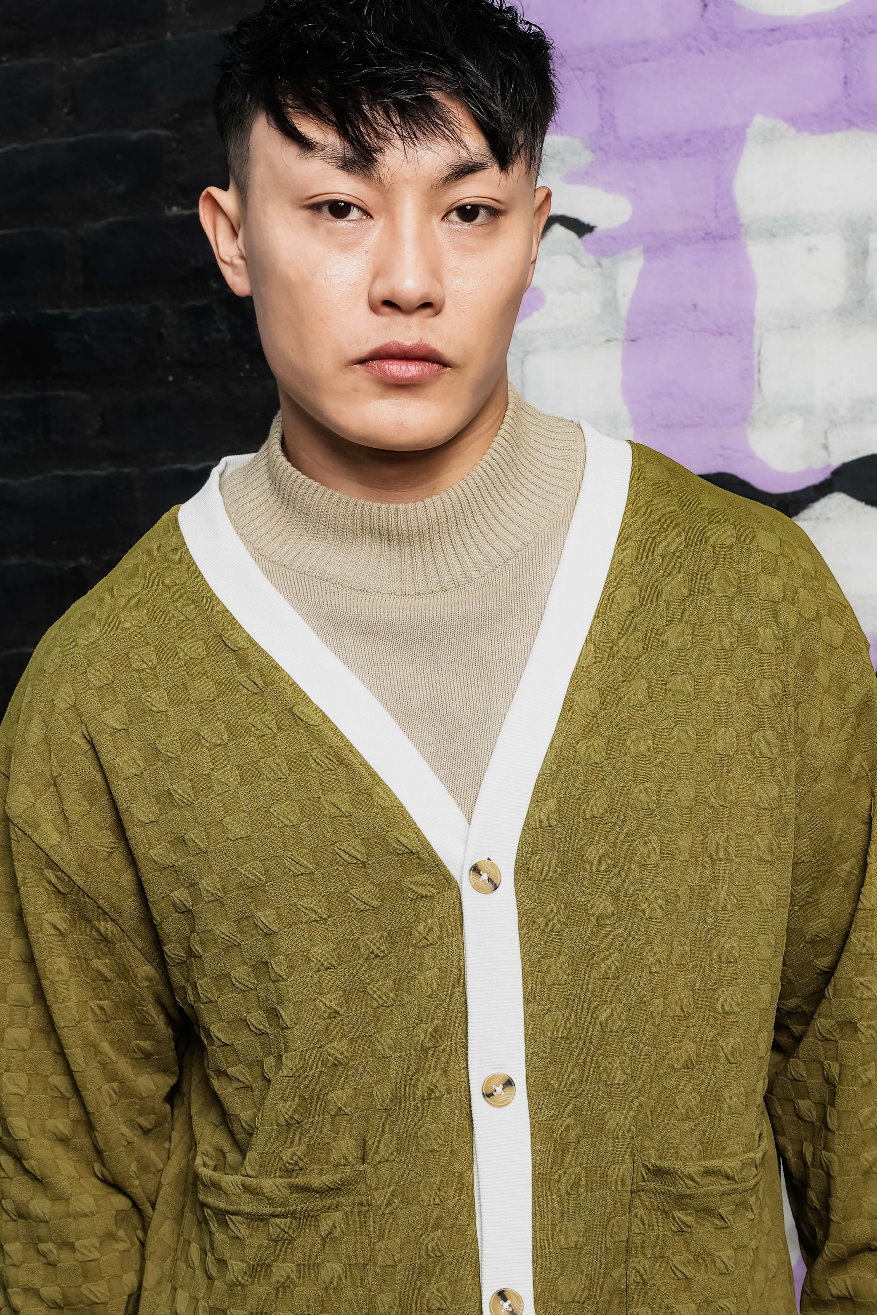 Olive Textured & Self Design V-Neck Knitted Cardigan