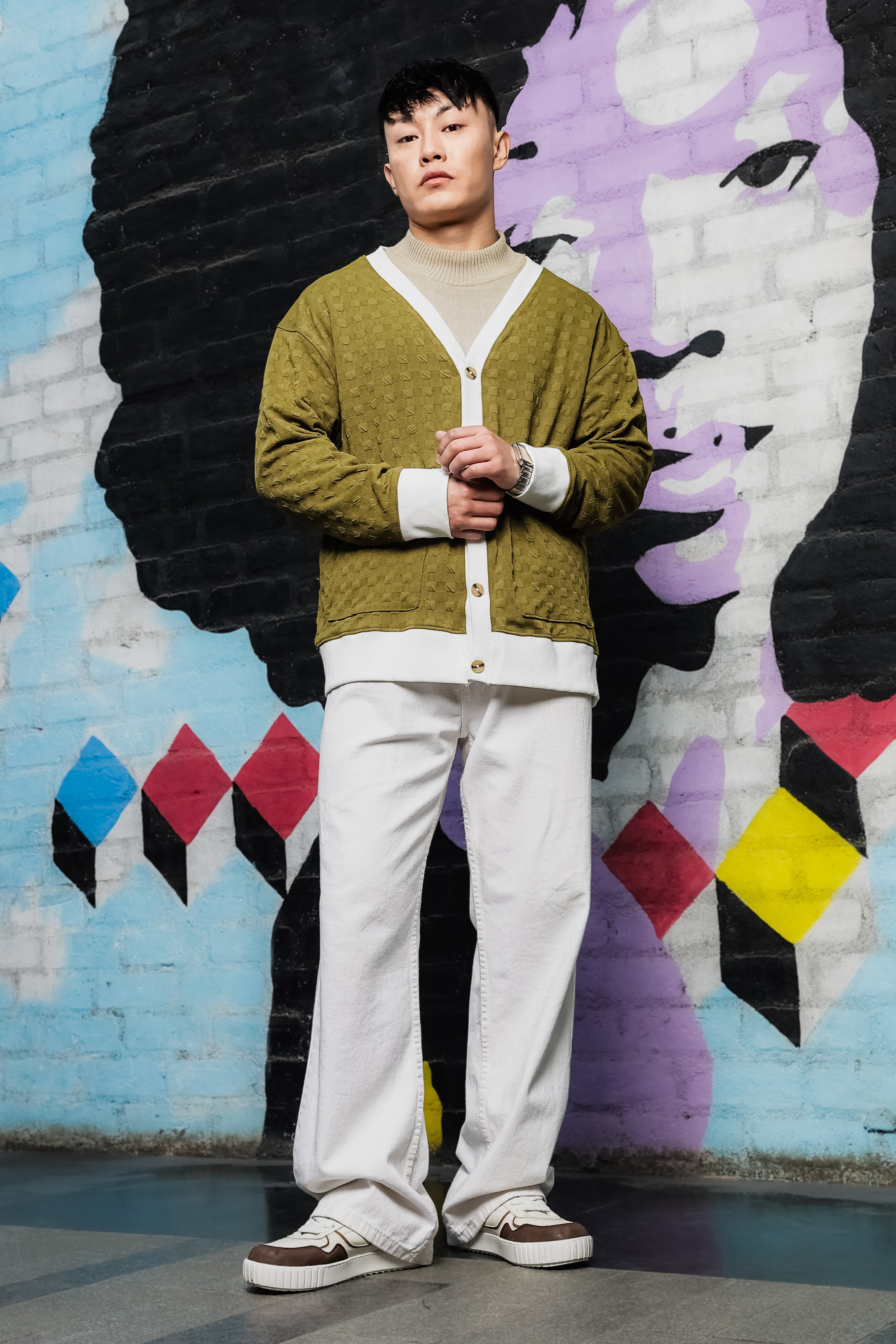 Olive Textured & Self Design V-Neck Knitted Cardigan