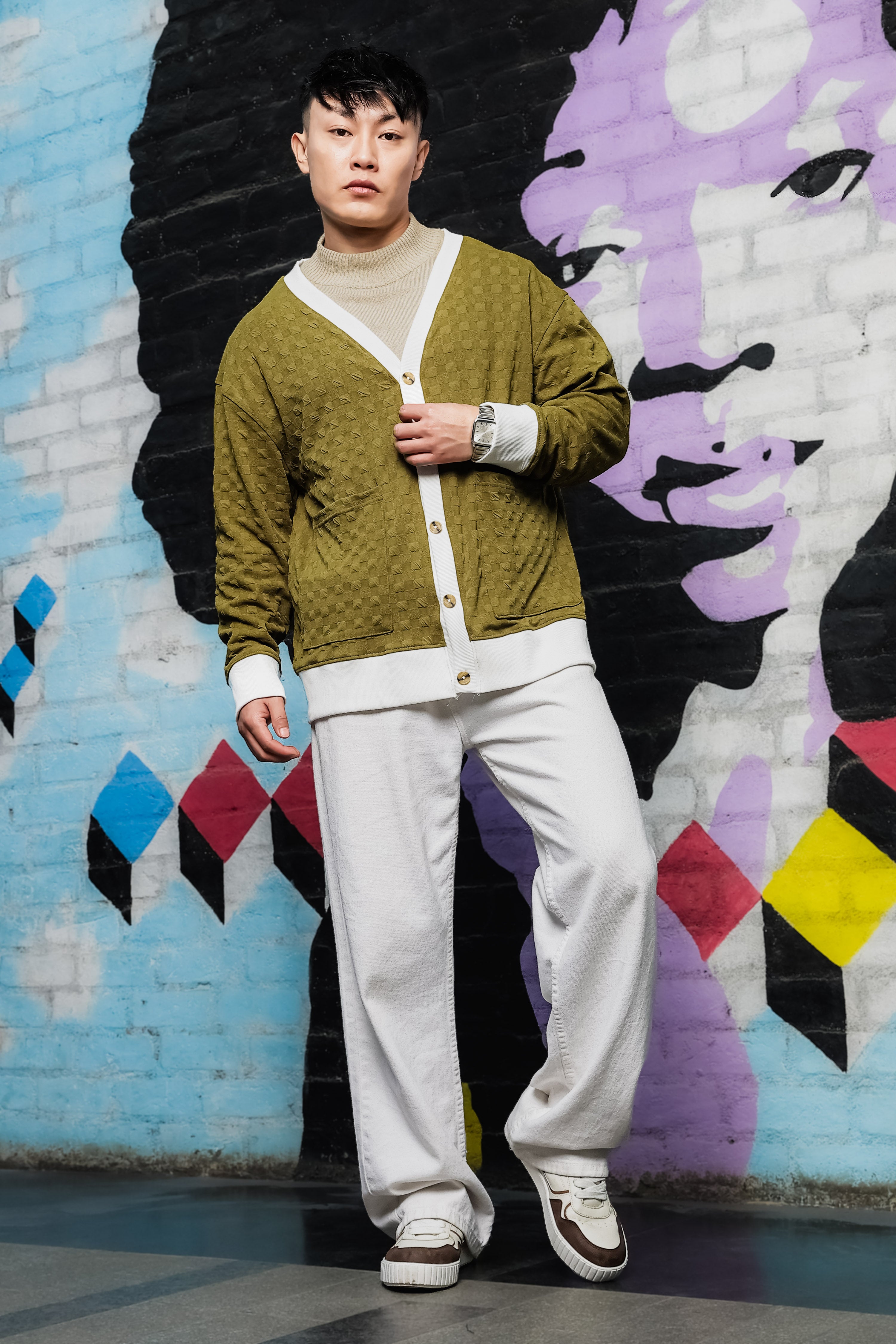 Olive Textured & Self Design V-Neck Knitted Cardigan