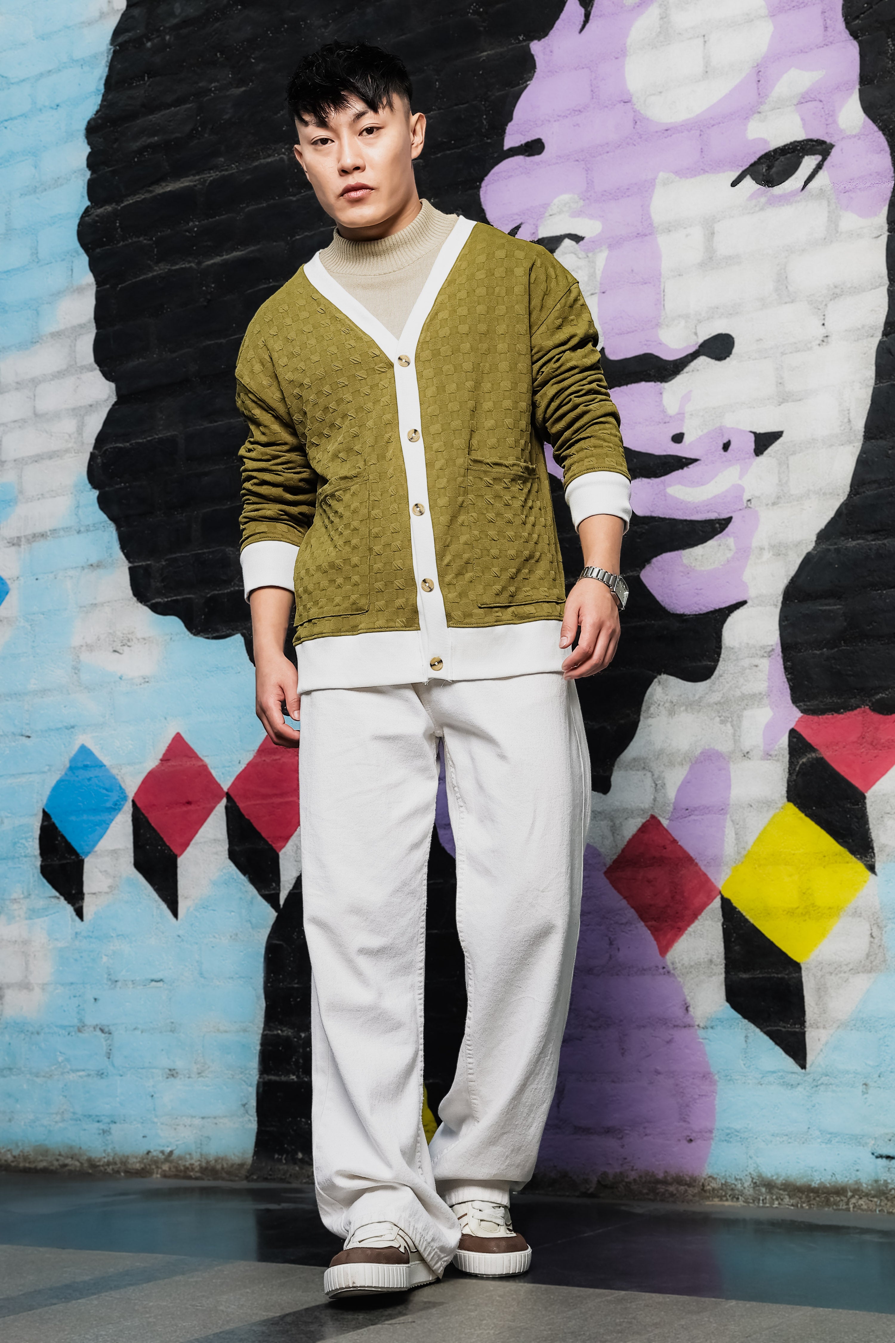 Olive Textured & Self Design V-Neck Knitted Cardigan