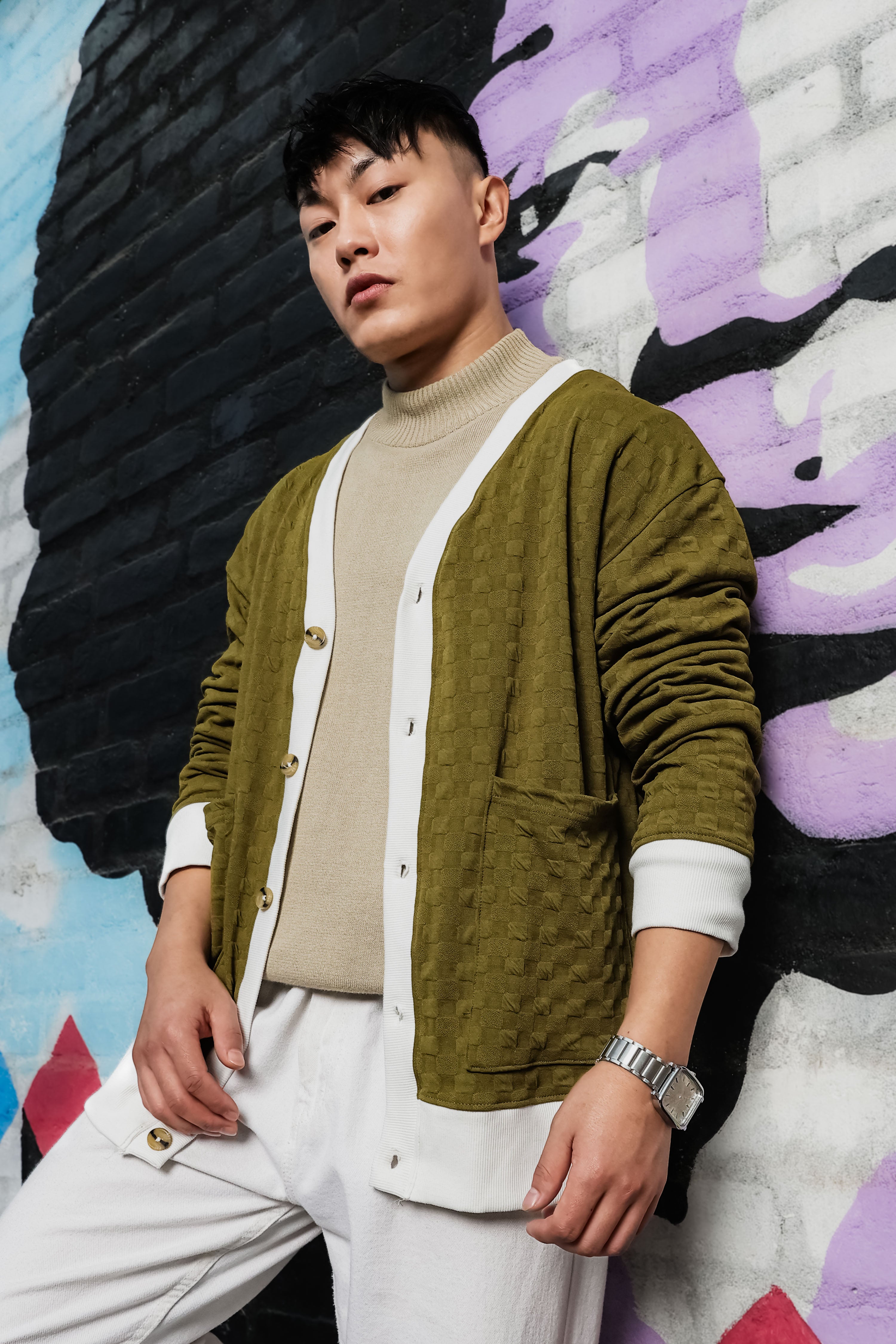 Olive Textured & Self Design V-Neck Knitted Cardigan