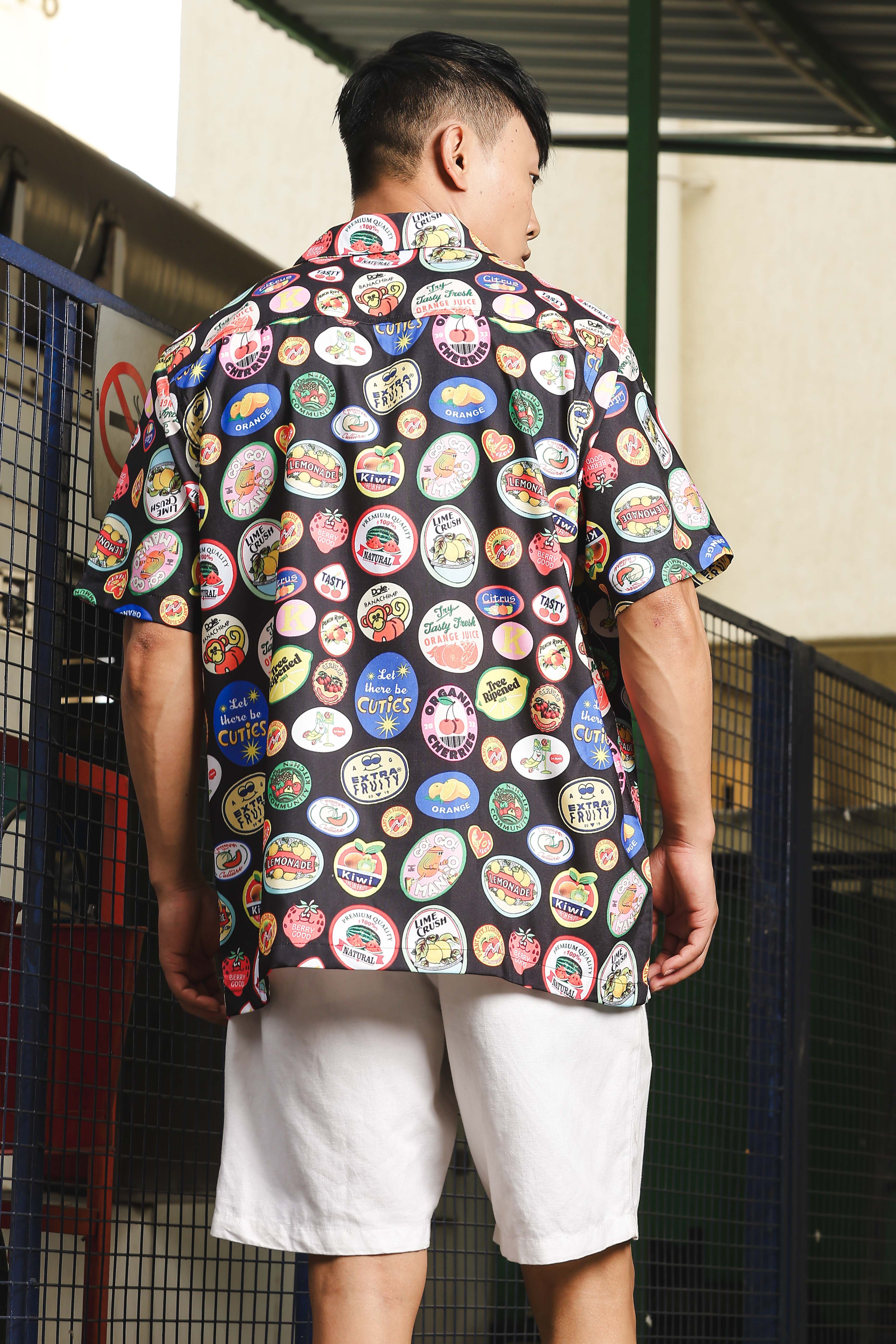 Black Quirk Stamp Printed  Classic Relaxed Fit Resort Shirt