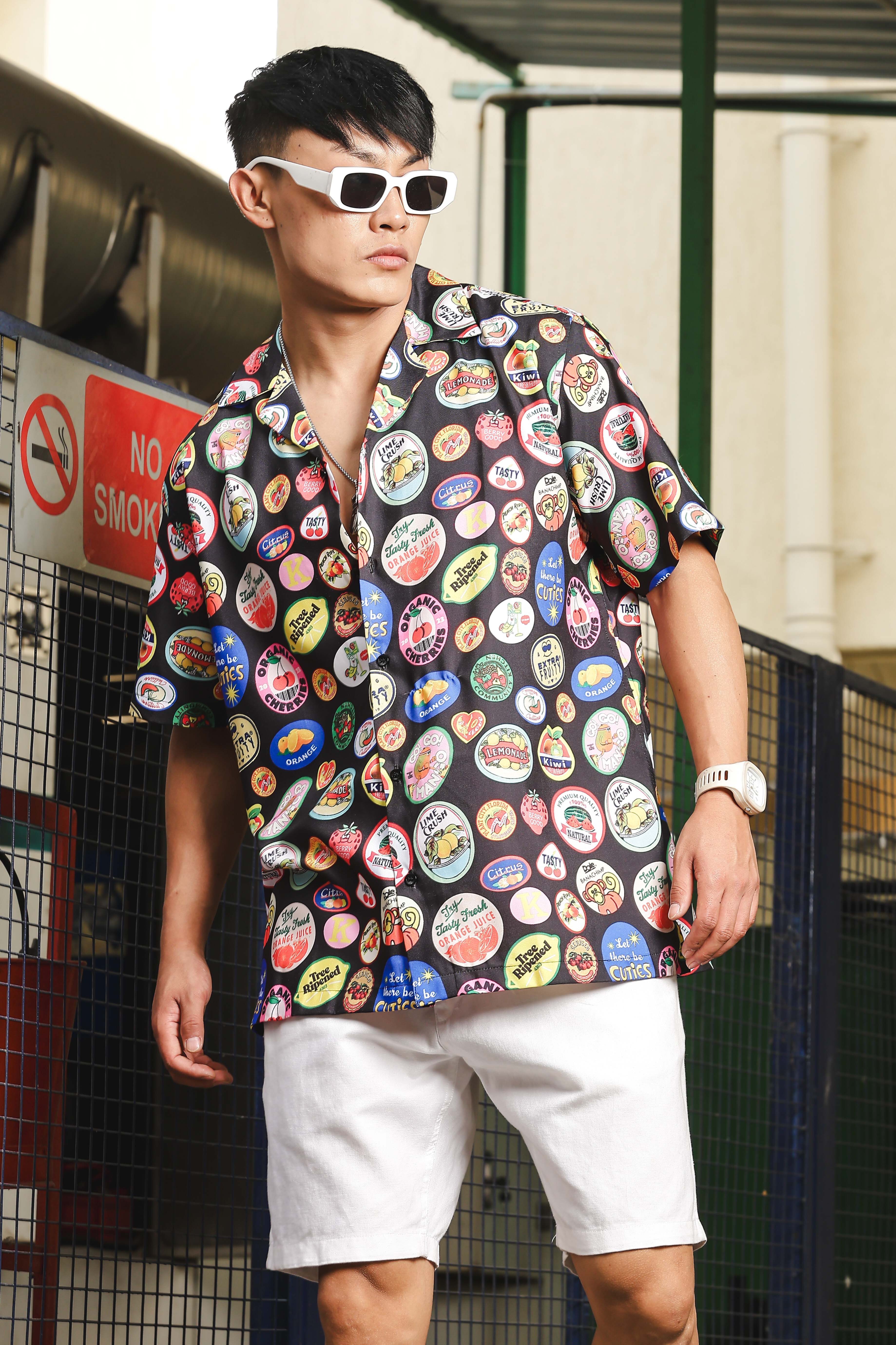 Black Quirk Stamp Themed Printed Relaxed Cuban Shirts & Shorts Co-ord Set