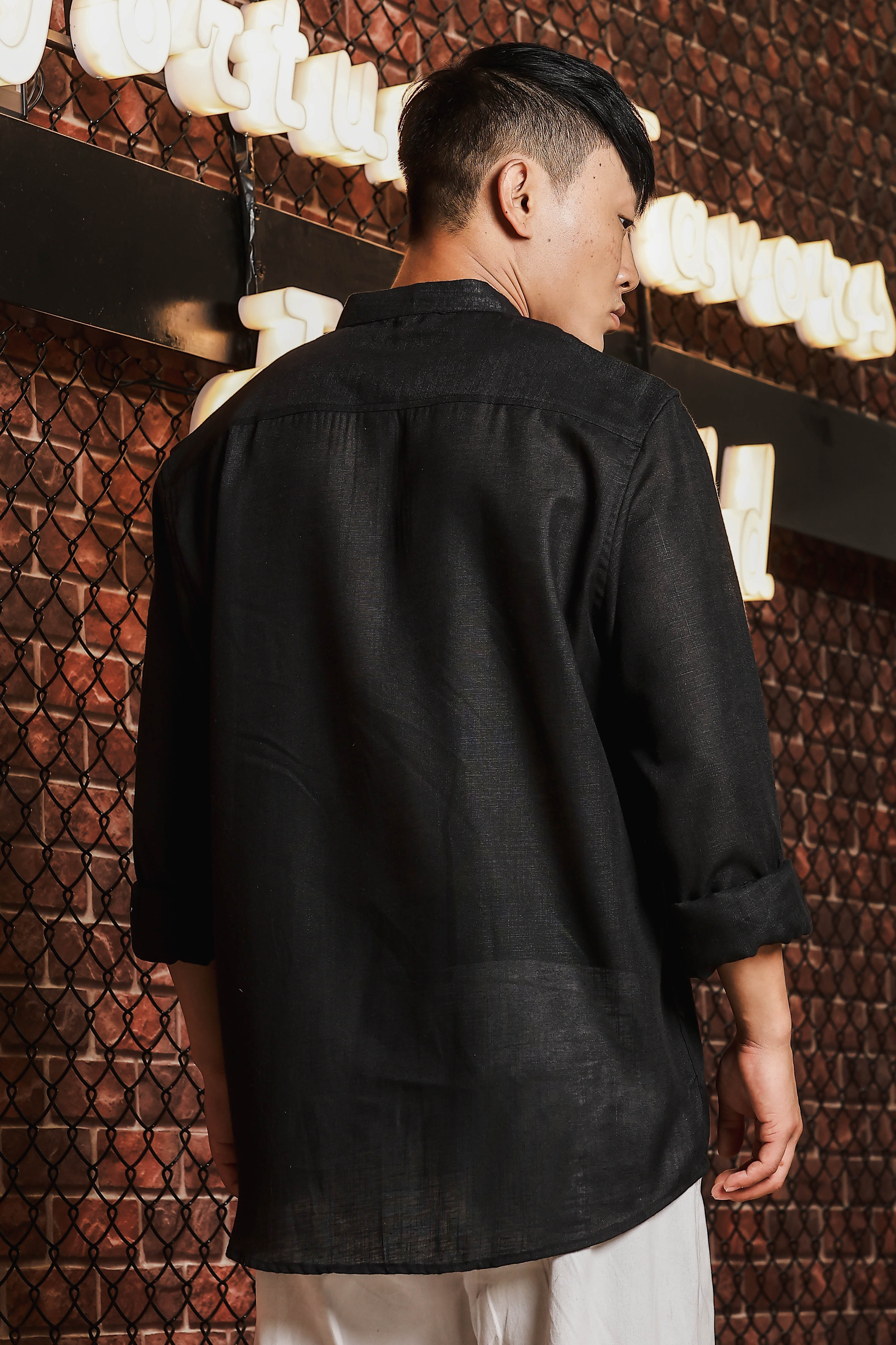 Black Linen Blend Mandarin Collar Relaxed Fit Shirt with Applique Pocket