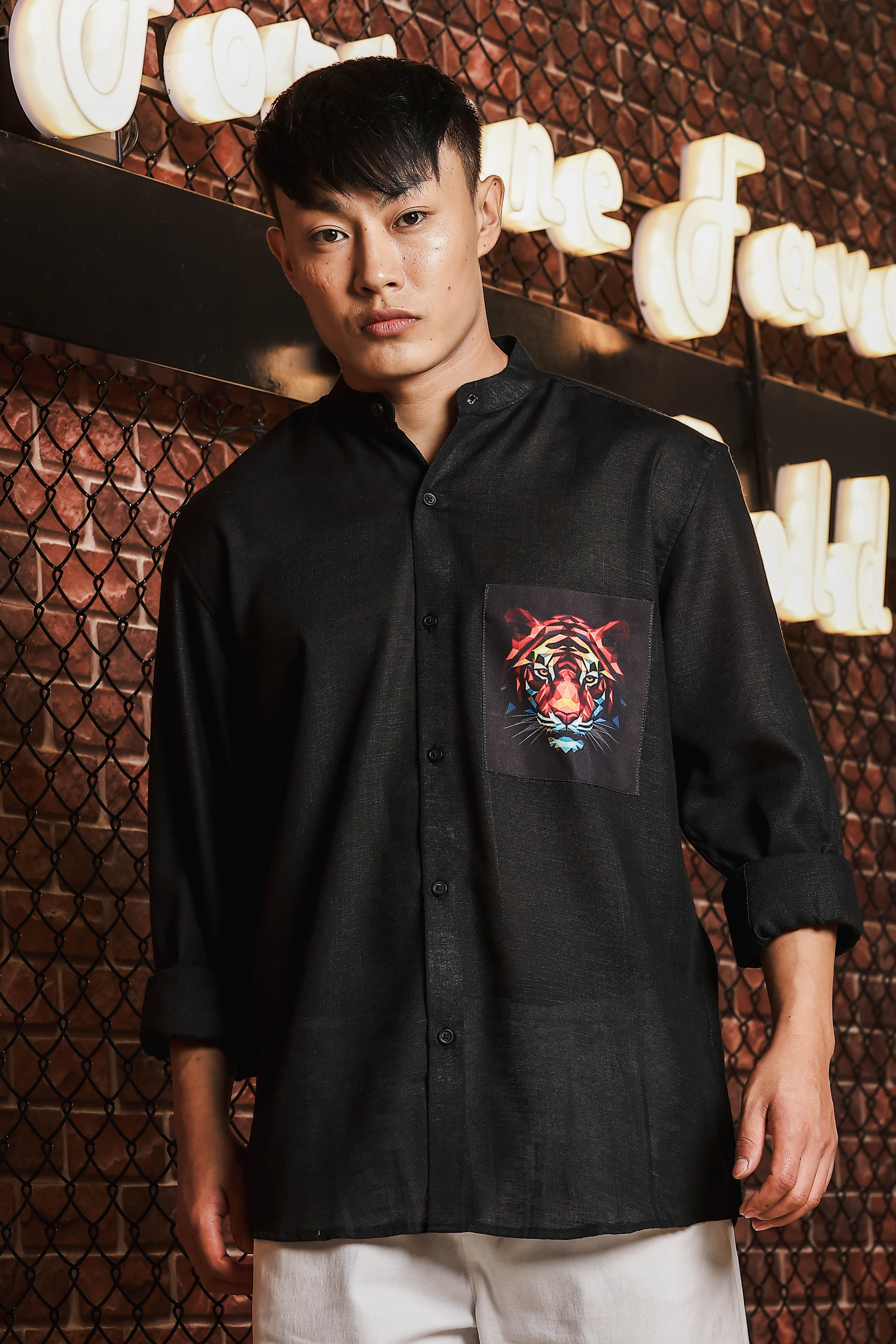 Black Linen Blend Mandarin Collar Relaxed Fit Shirt with Applique Pocket