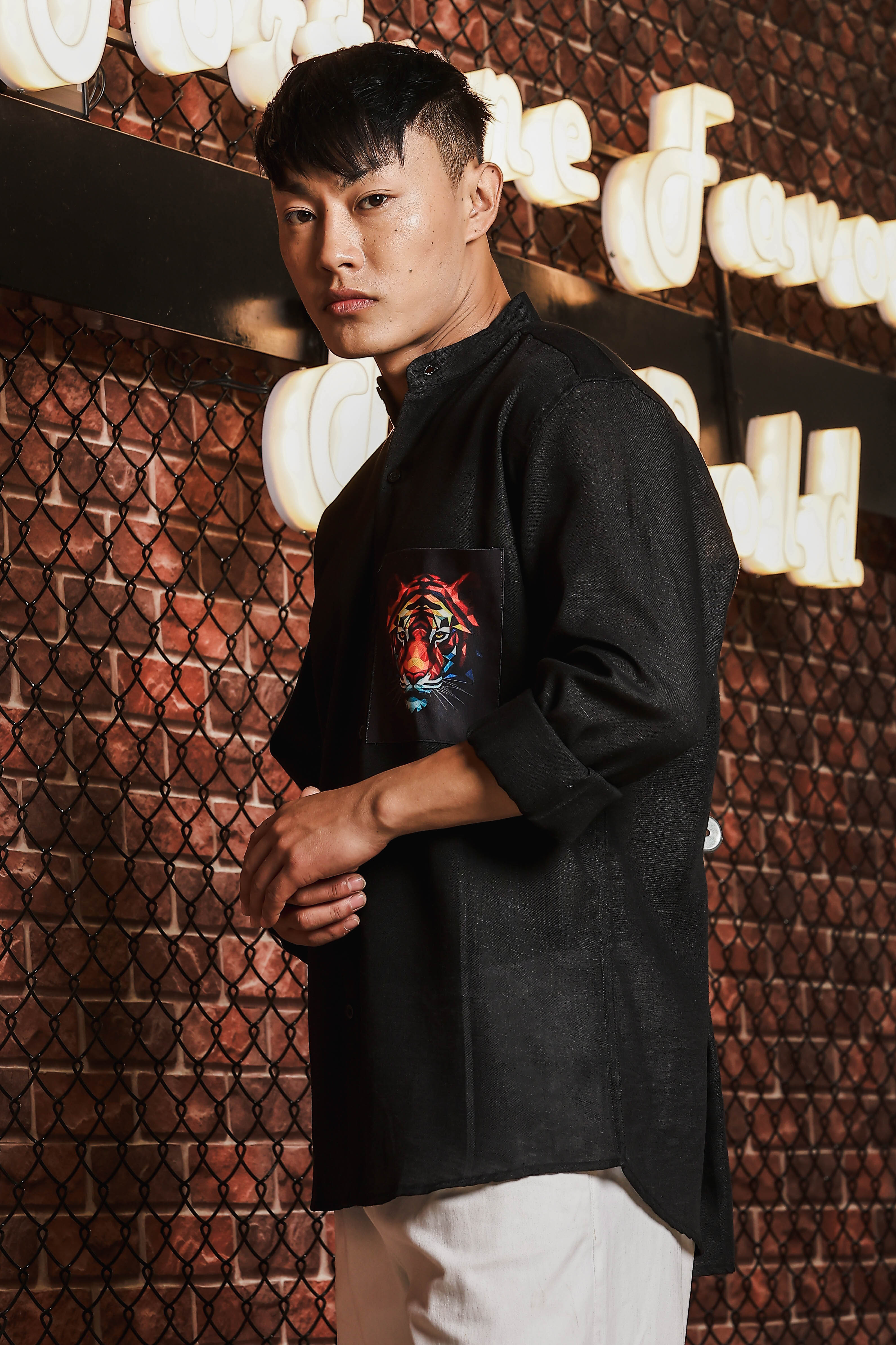 Black Linen Blend Mandarin Collar Relaxed Fit Shirt with Applique Pocket