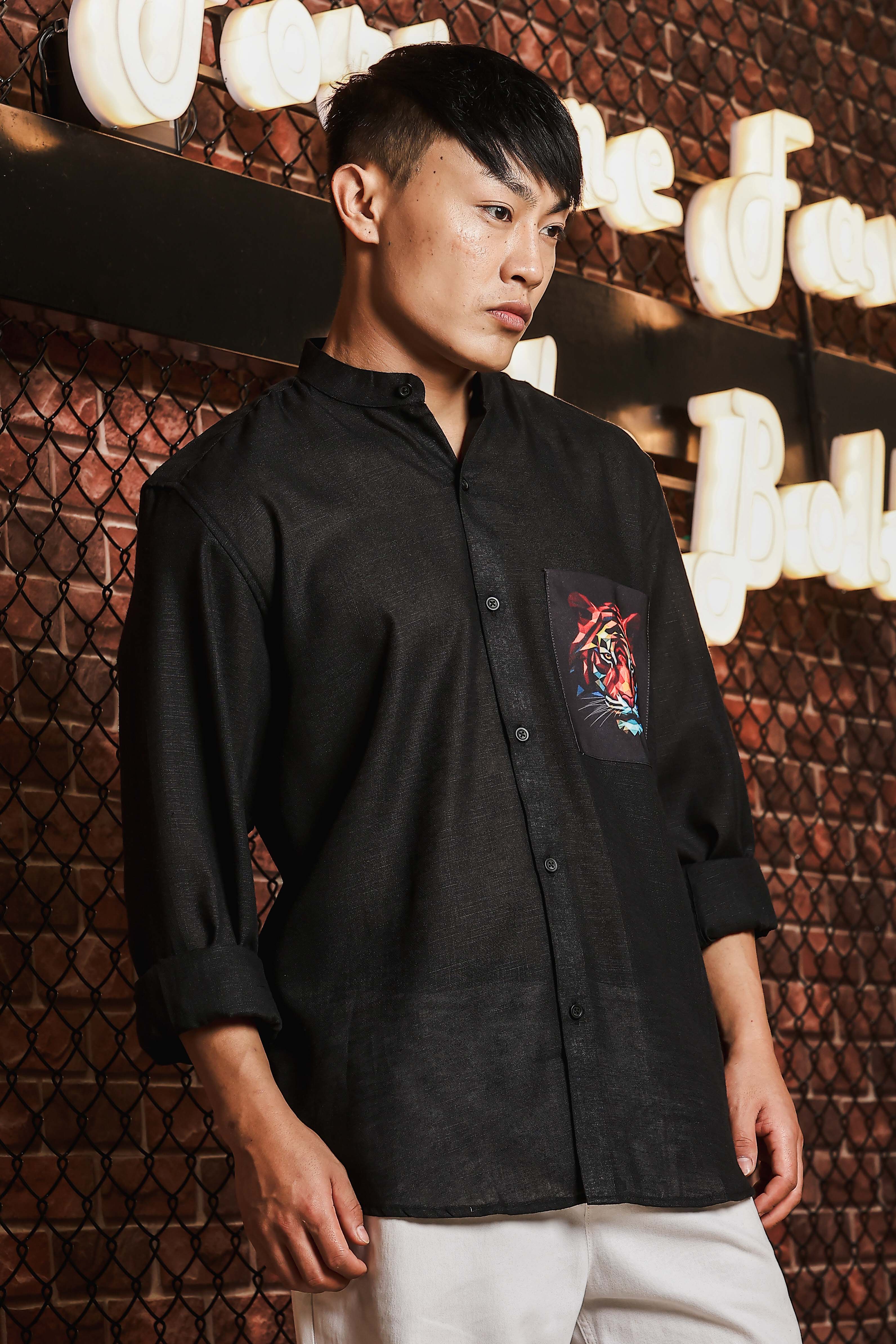 Black Linen Blend Mandarin Collar Relaxed Fit Shirt with Applique Pocket