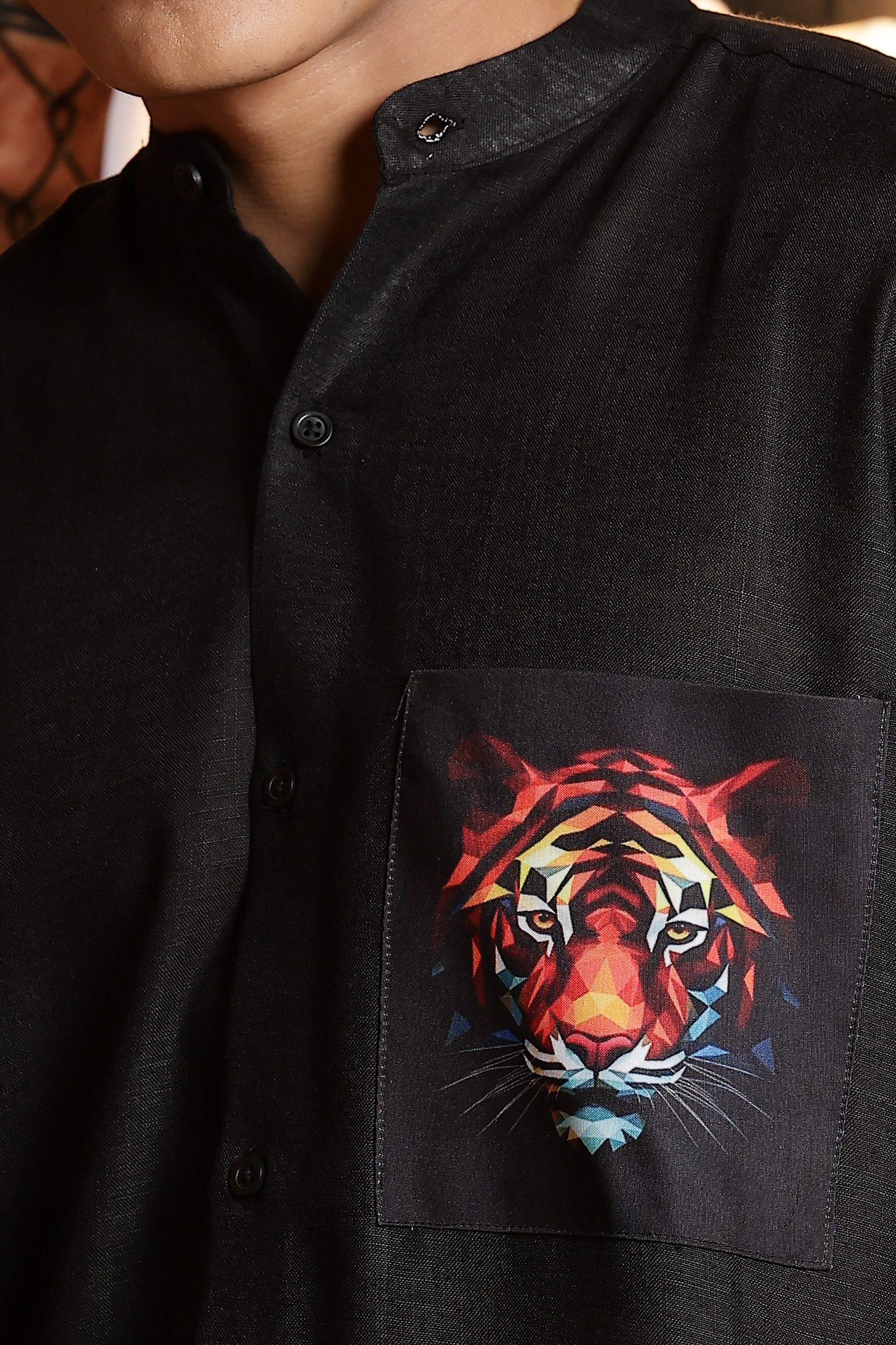 Black Linen Blend Mandarin Collar Relaxed Fit Shirt with Applique Pocket