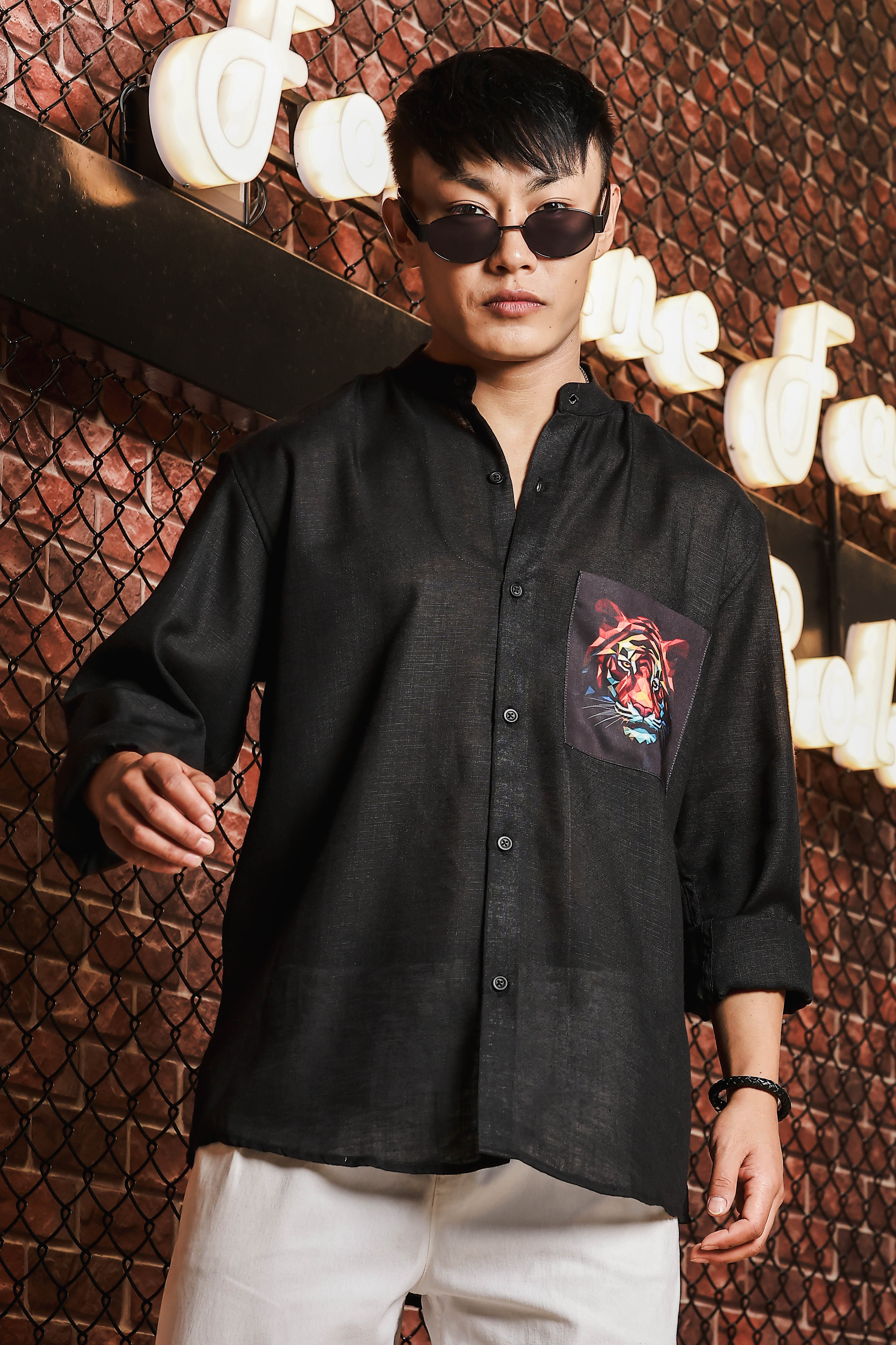Black Linen Blend Mandarin Collar Relaxed Fit Shirt with Applique Pocket