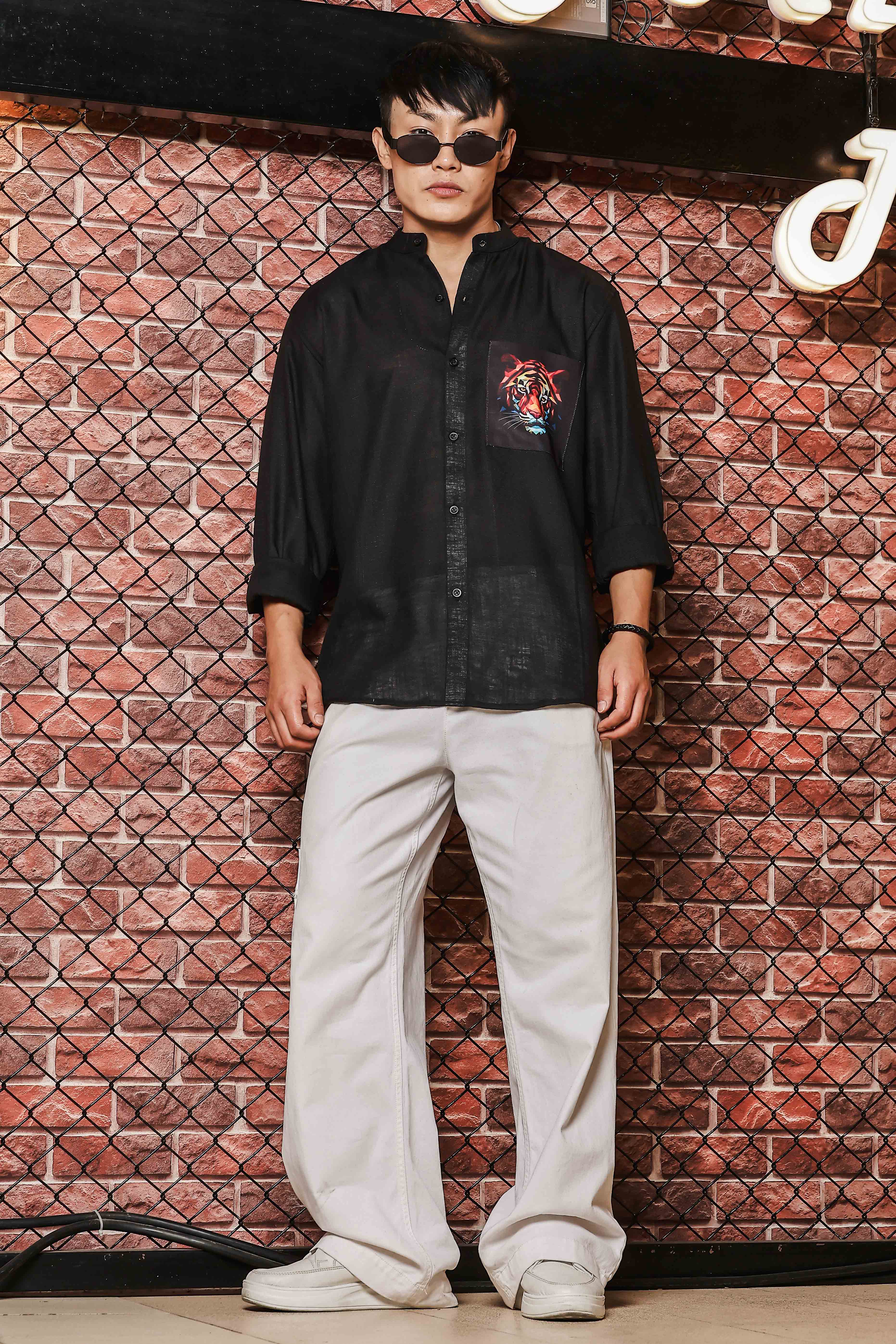 Black Linen Blend Mandarin Collar Relaxed Fit Shirt with Applique Pocket