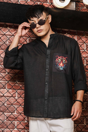 Black Linen Blend Mandarin Collar Relaxed Fit Shirt with Applique Pocket