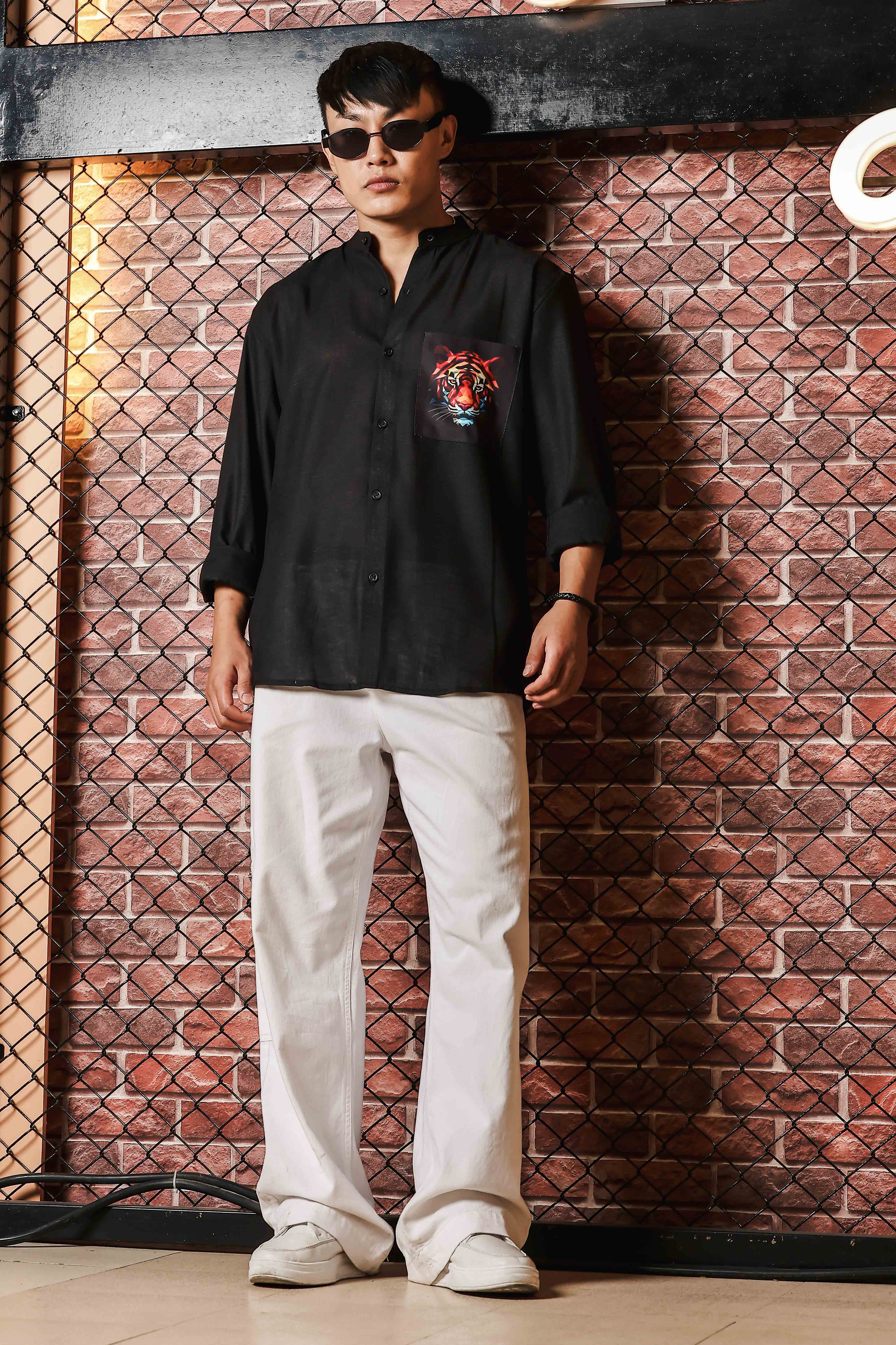 Black Linen Blend Mandarin Collar Relaxed Fit Shirt with Applique Pocket