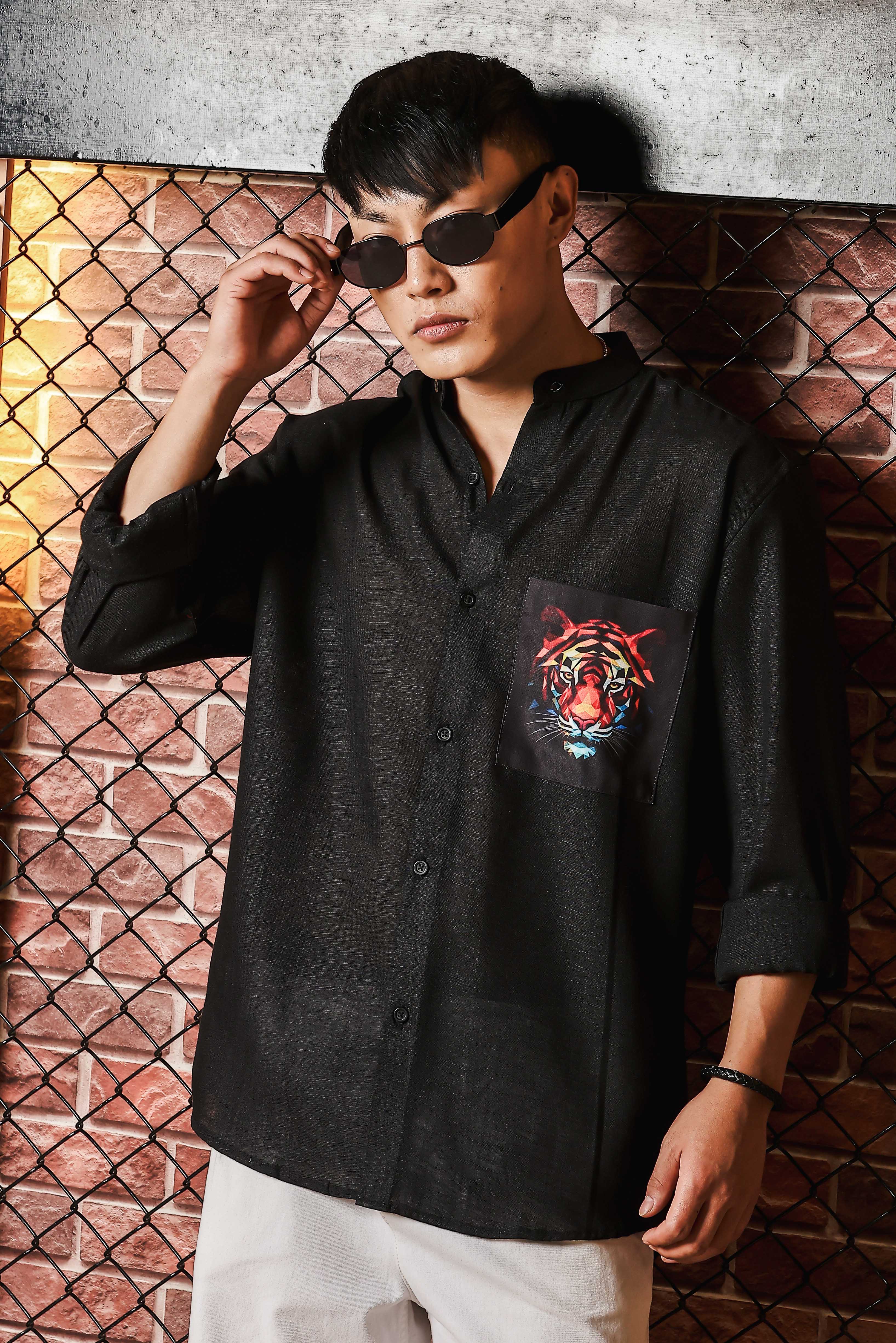 Black Linen Blend Mandarin Collar Relaxed Fit Shirt with Applique Pocket