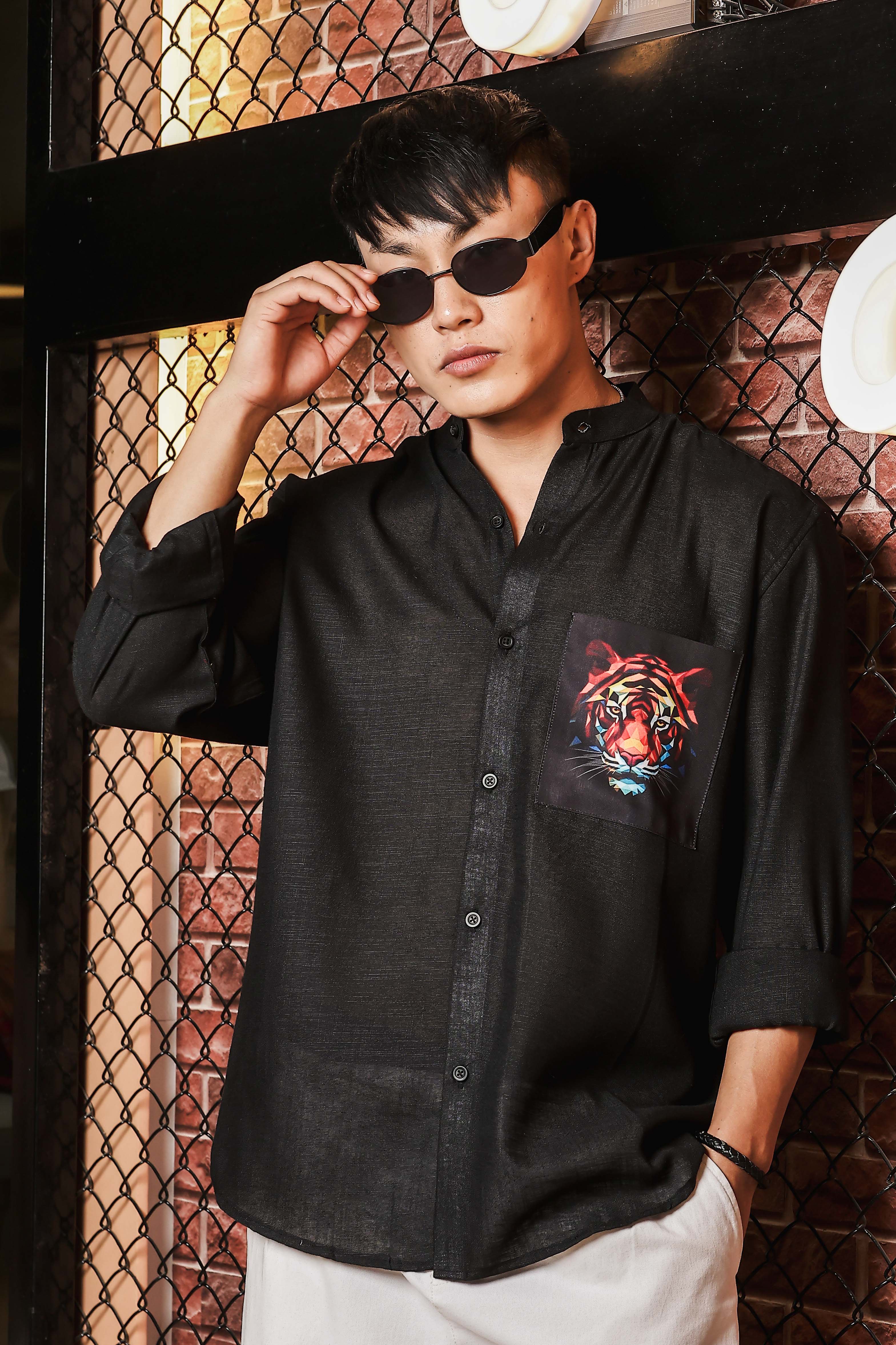 Black Linen Blend Mandarin Collar Relaxed Fit Shirt with Applique Pocket