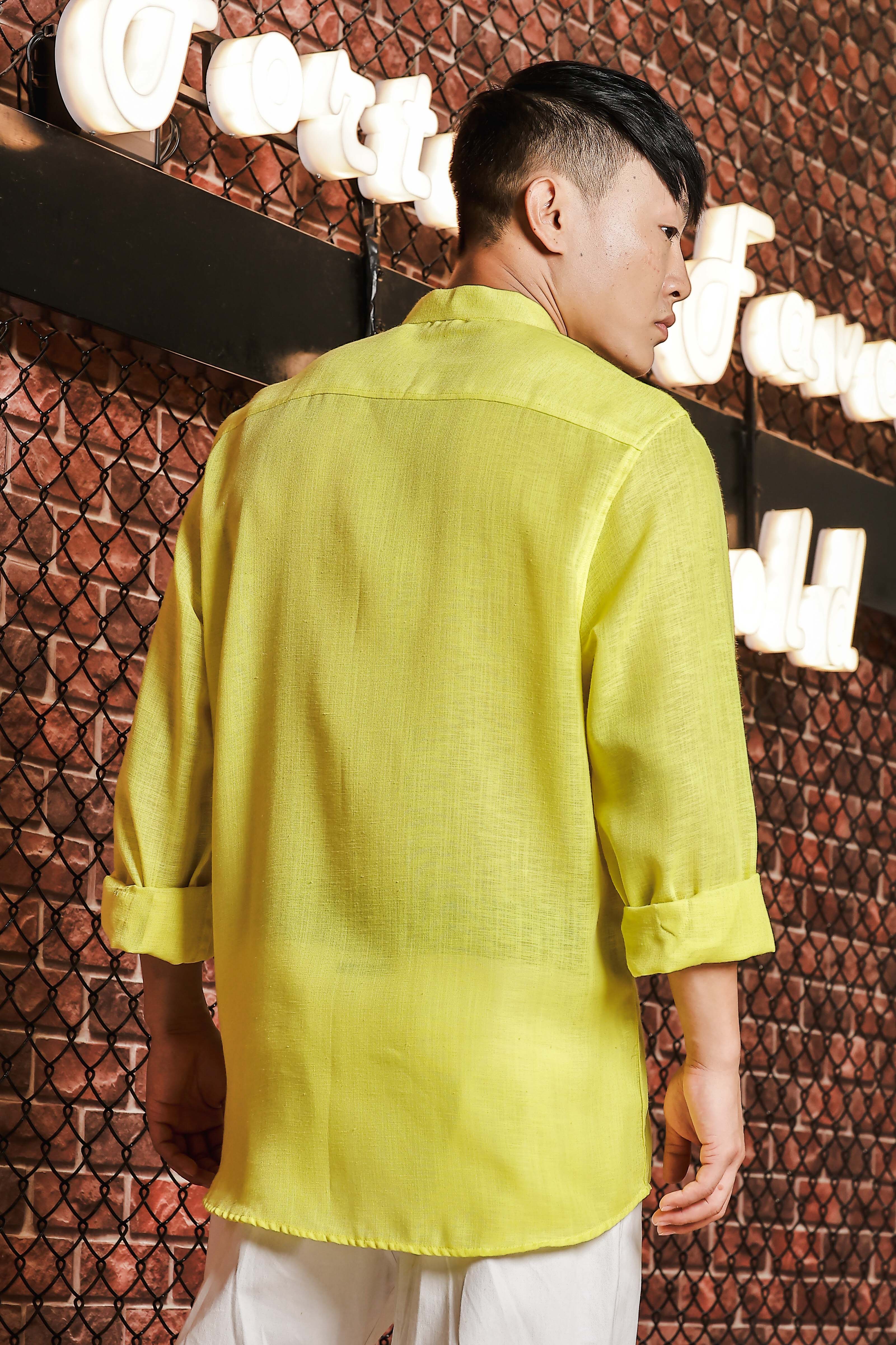 Linen Blend Lime Green MandarinCollar Relaxed Fit Shirt