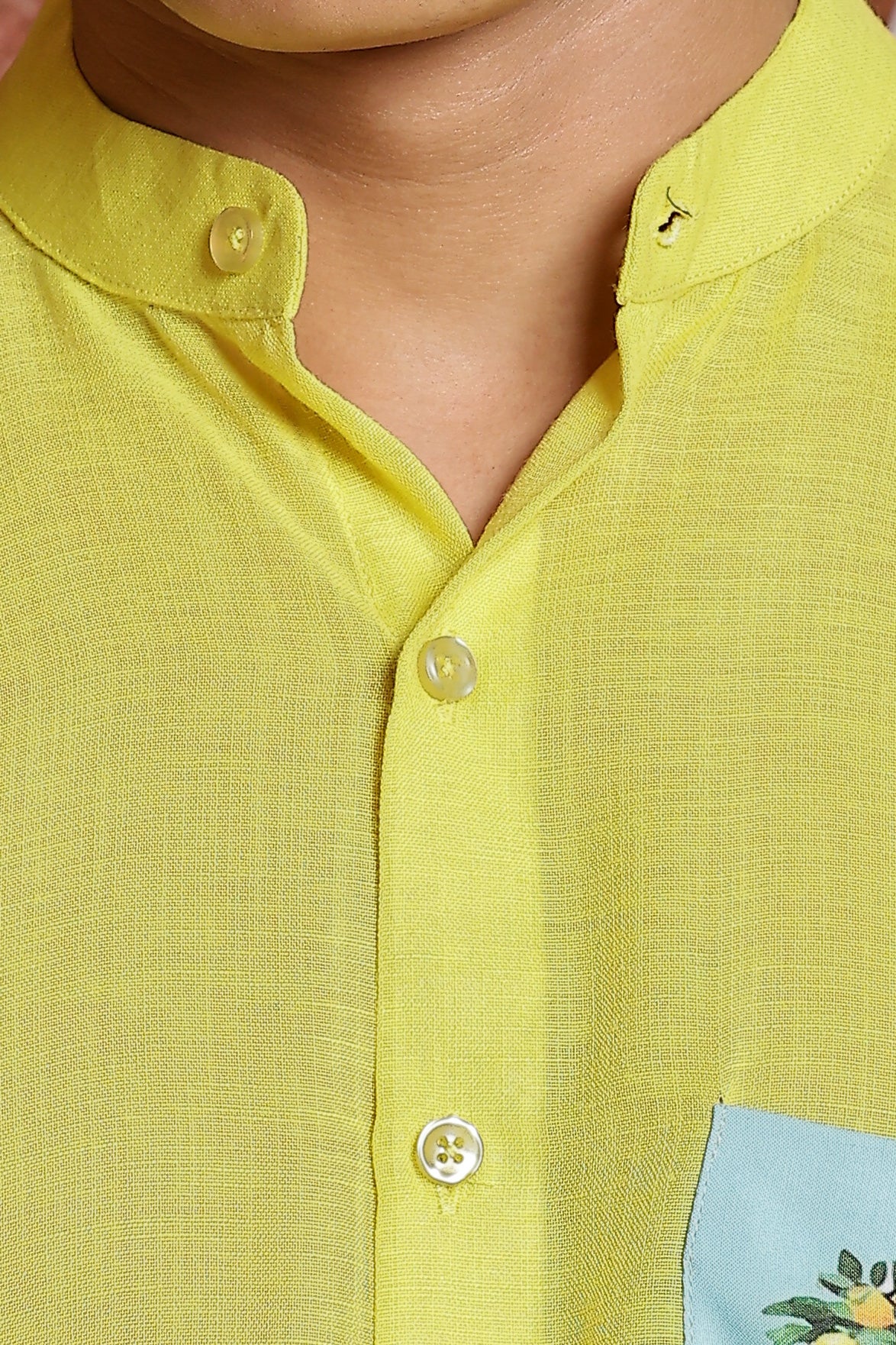 Linen Blend Lime Green MandarinCollar Relaxed Fit Shirt