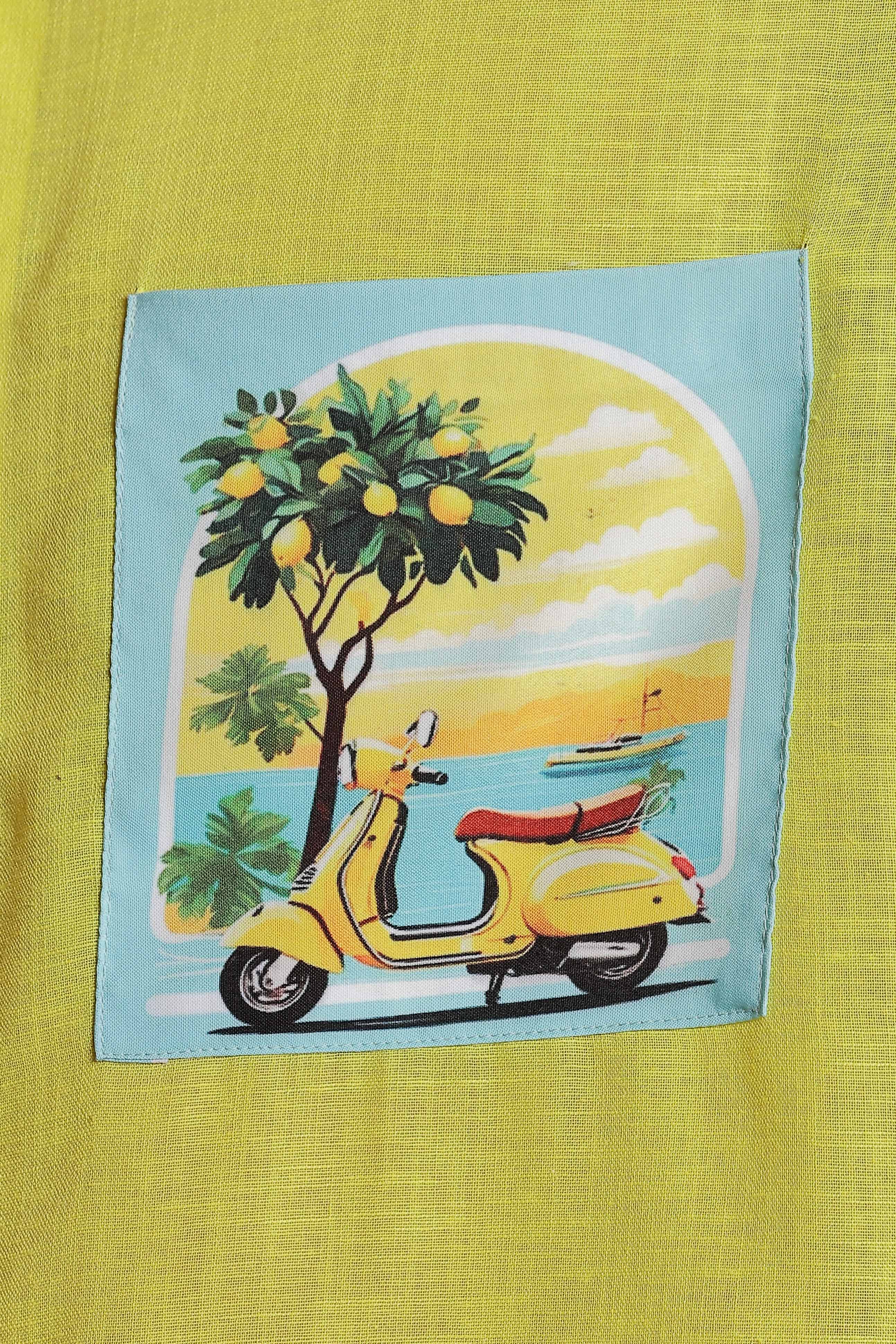 Linen Blend Lime Green MandarinCollar Relaxed Fit Shirt