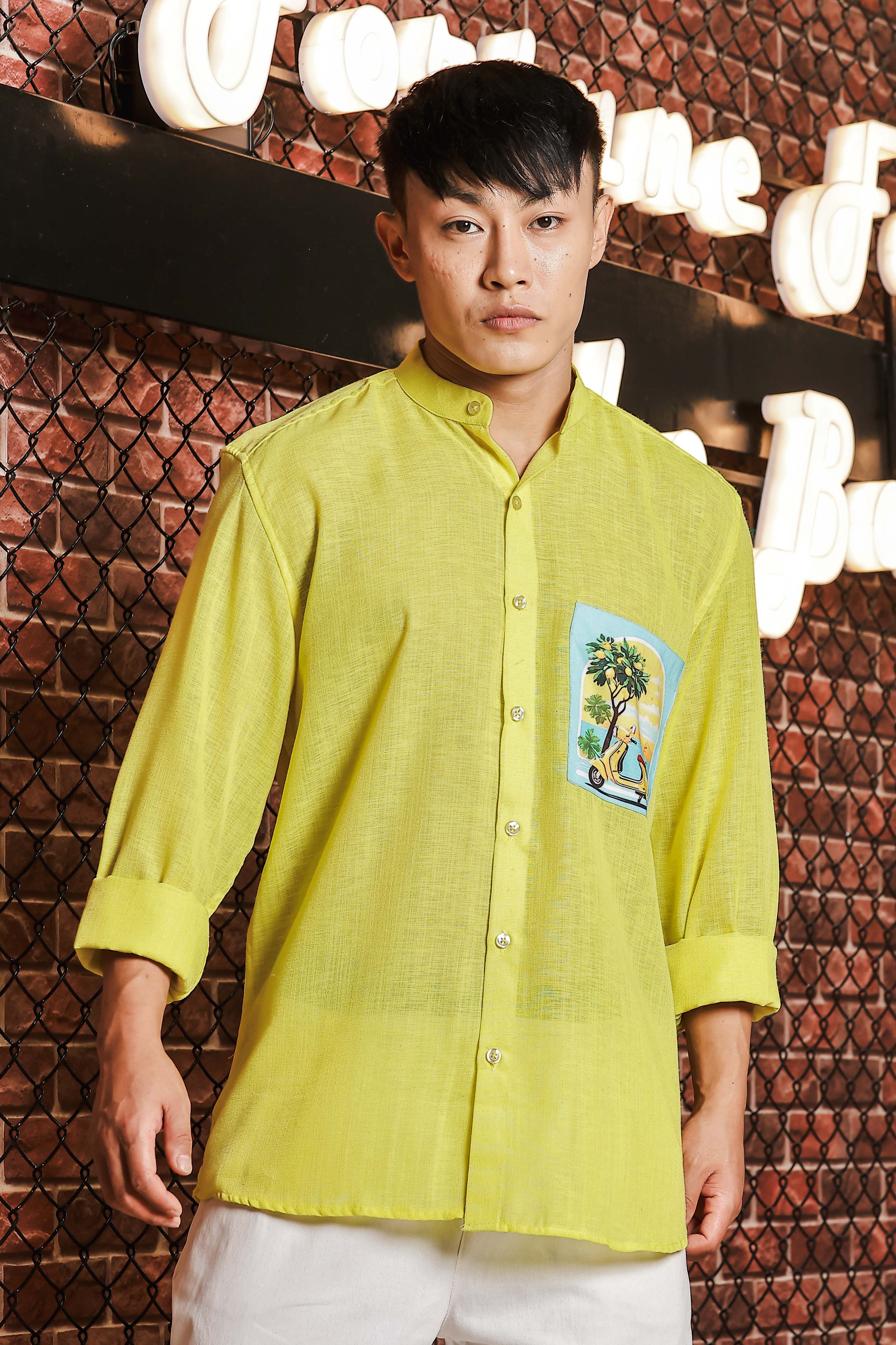 Linen Blend Lime Green MandarinCollar Relaxed Fit Shirt