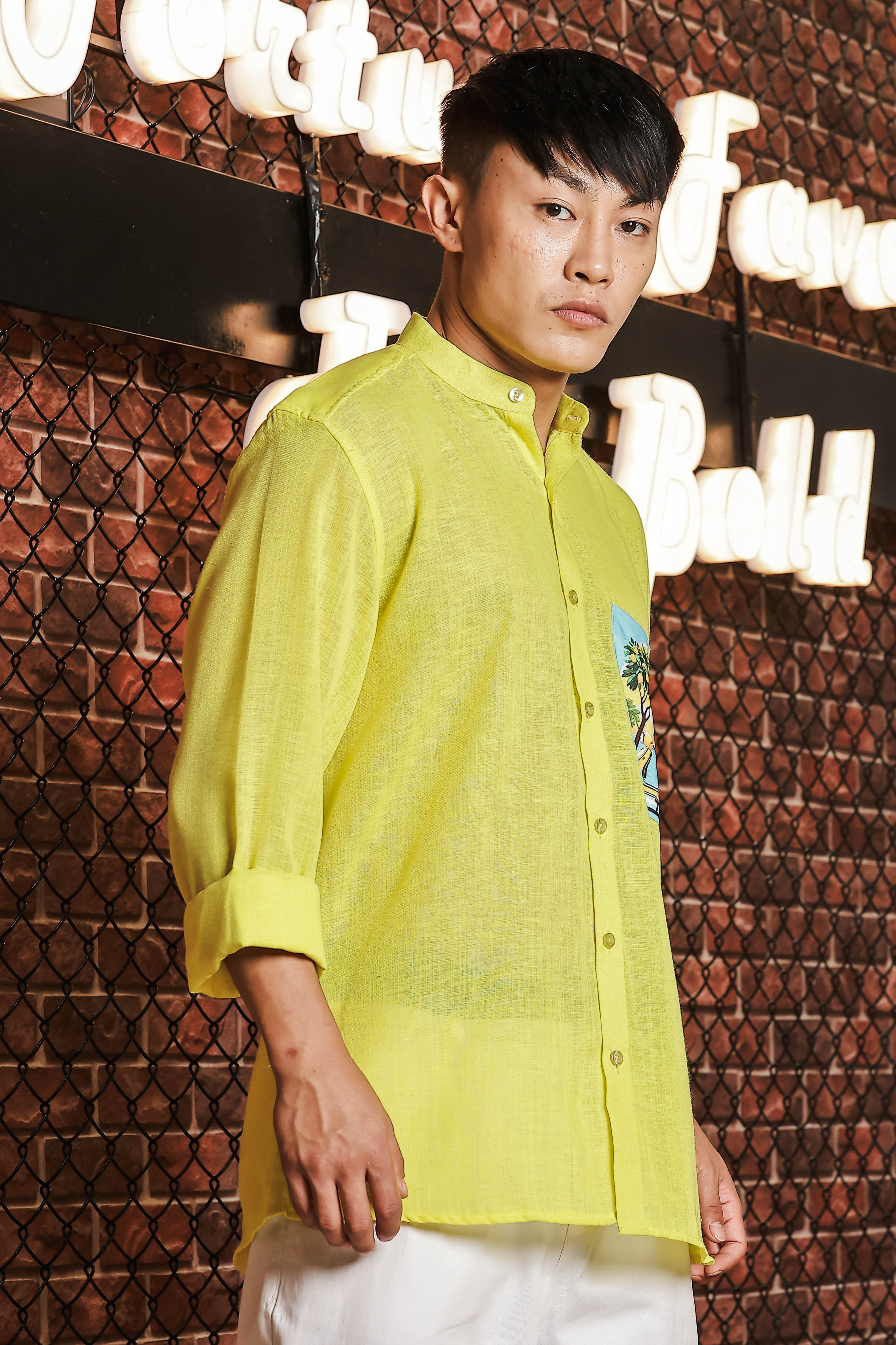 Linen Blend Lime Green MandarinCollar Relaxed Fit Shirt