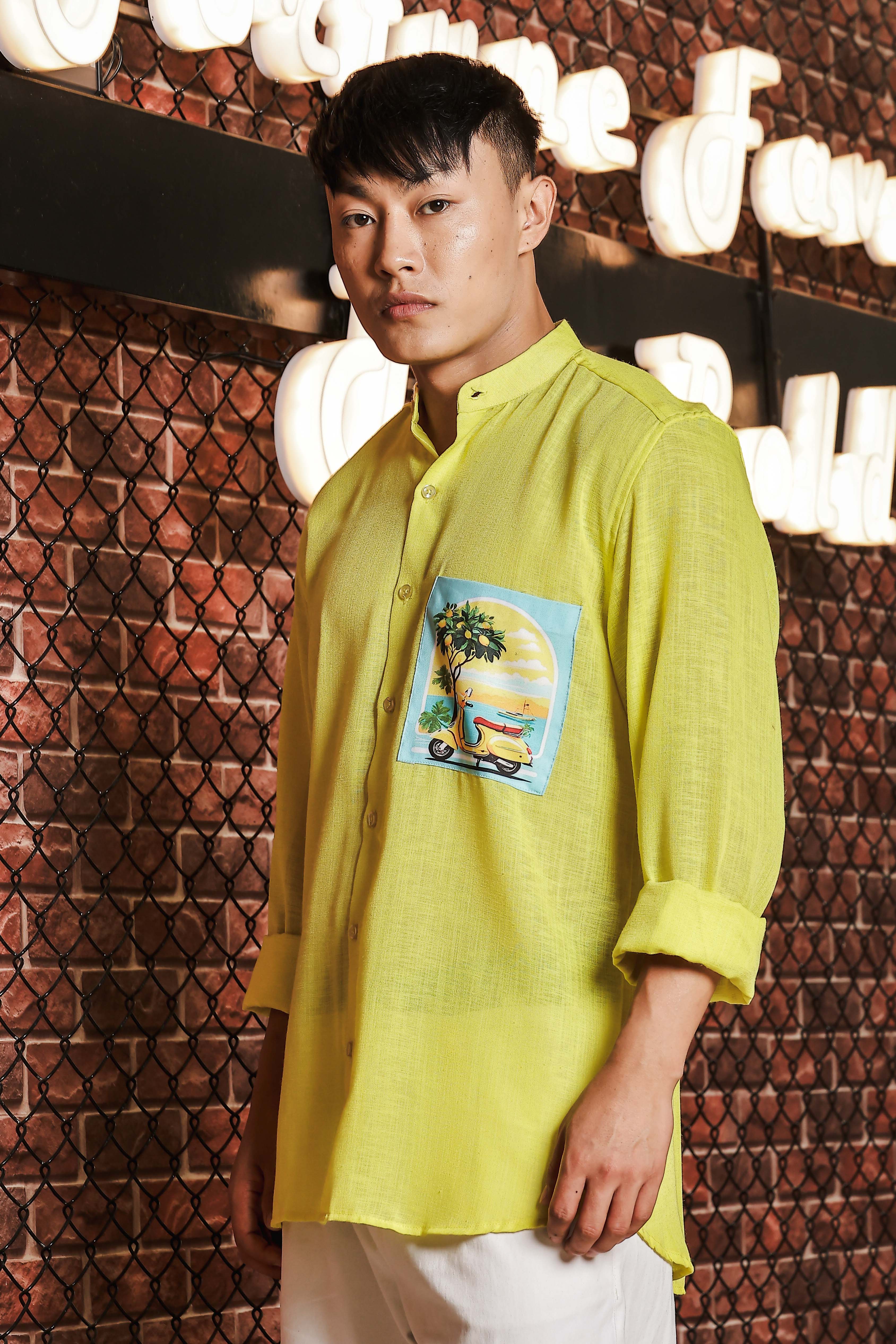 Linen Blend Lime Green MandarinCollar Relaxed Fit Shirt