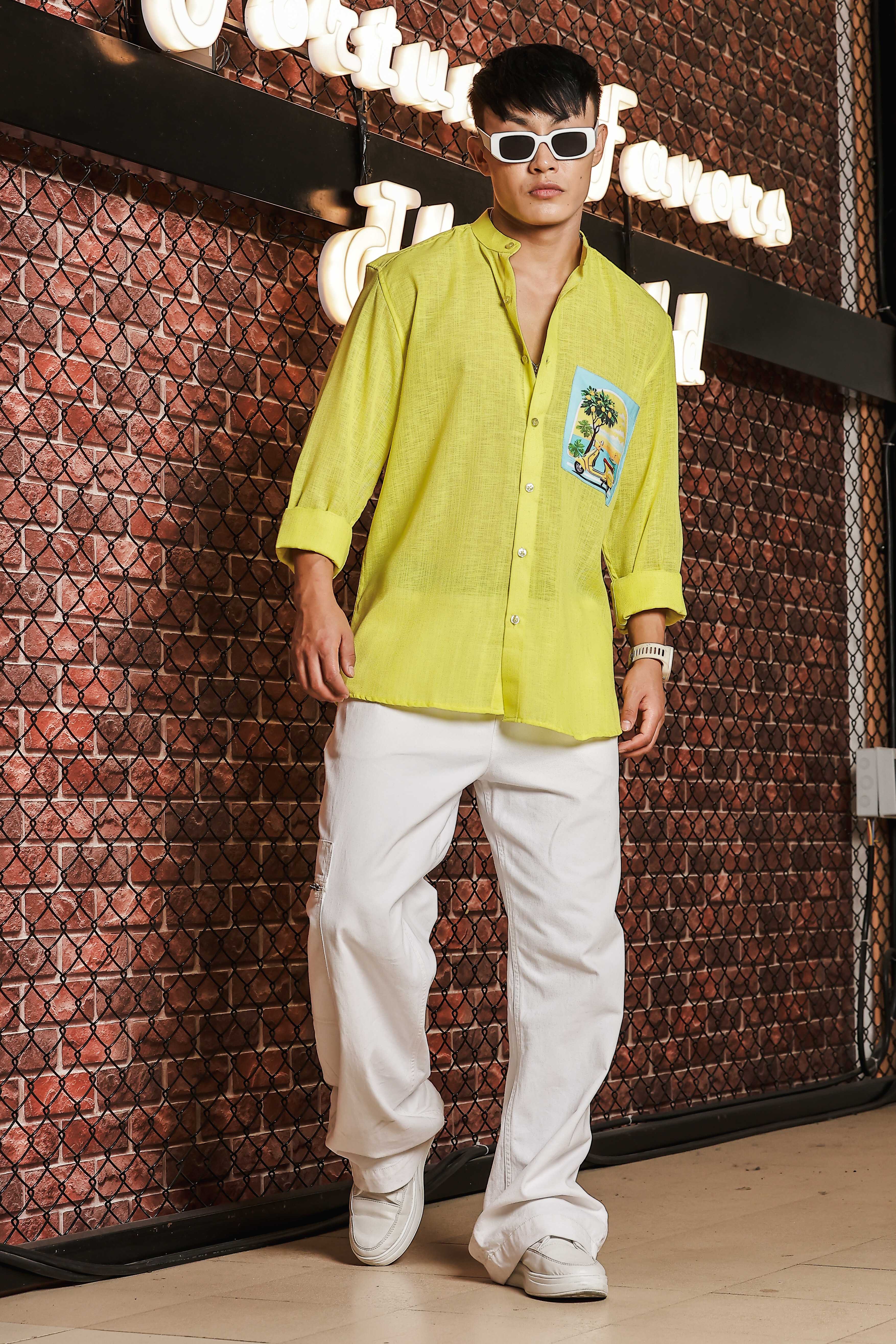Linen Blend Lime Green MandarinCollar Relaxed Fit Shirt