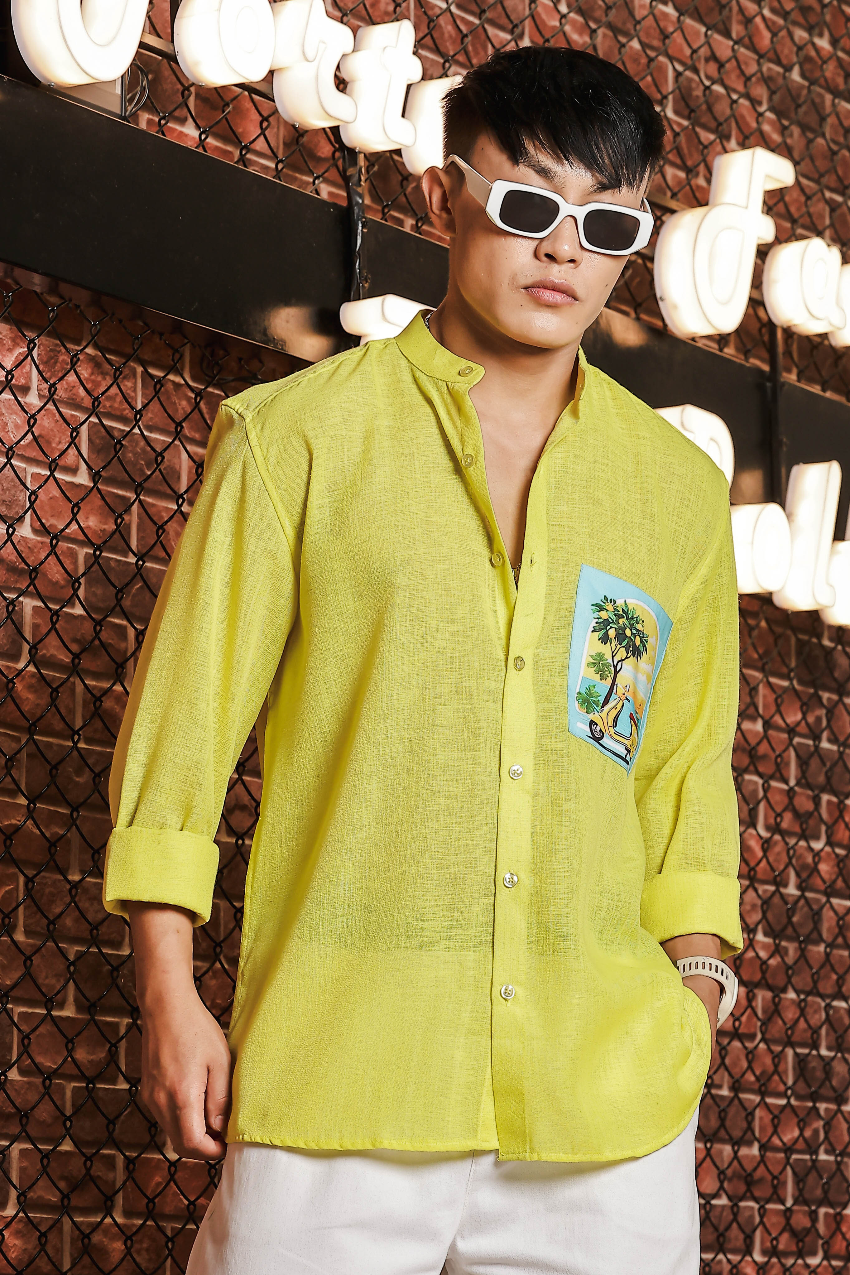 Linen Blend Lime Green MandarinCollar Relaxed Fit Shirt