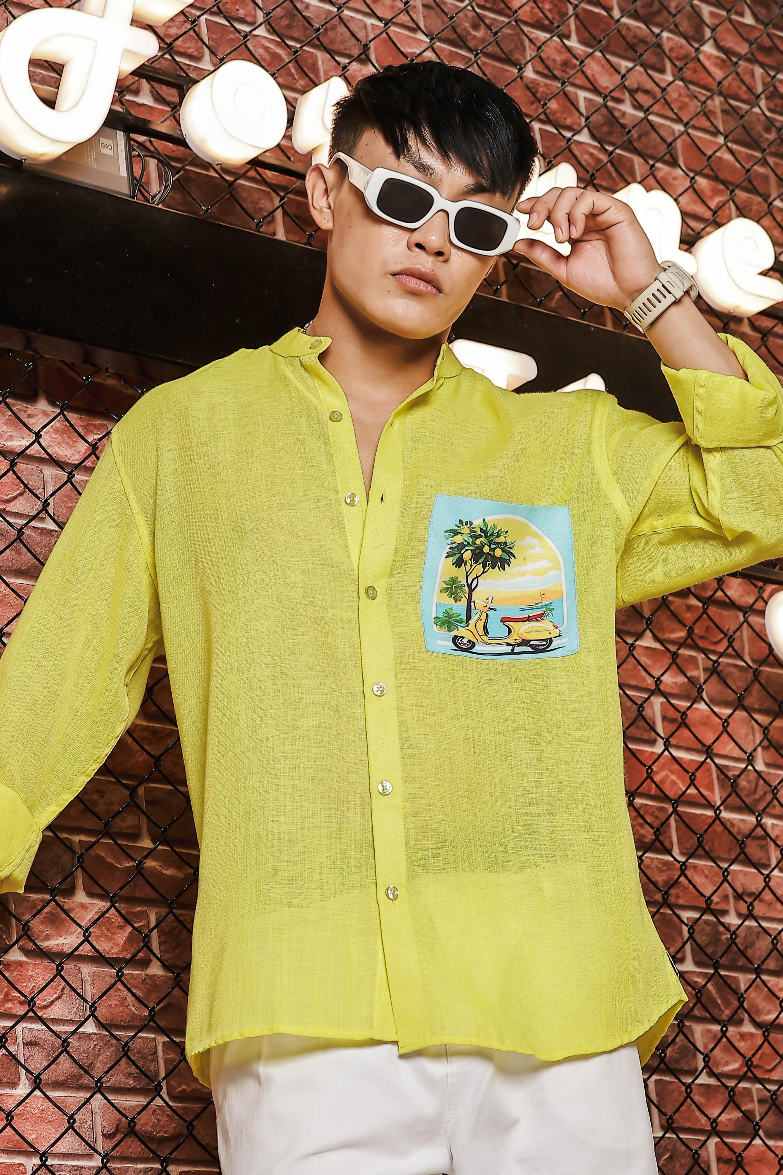 Linen Blend Lime Green MandarinCollar Relaxed Fit Shirt