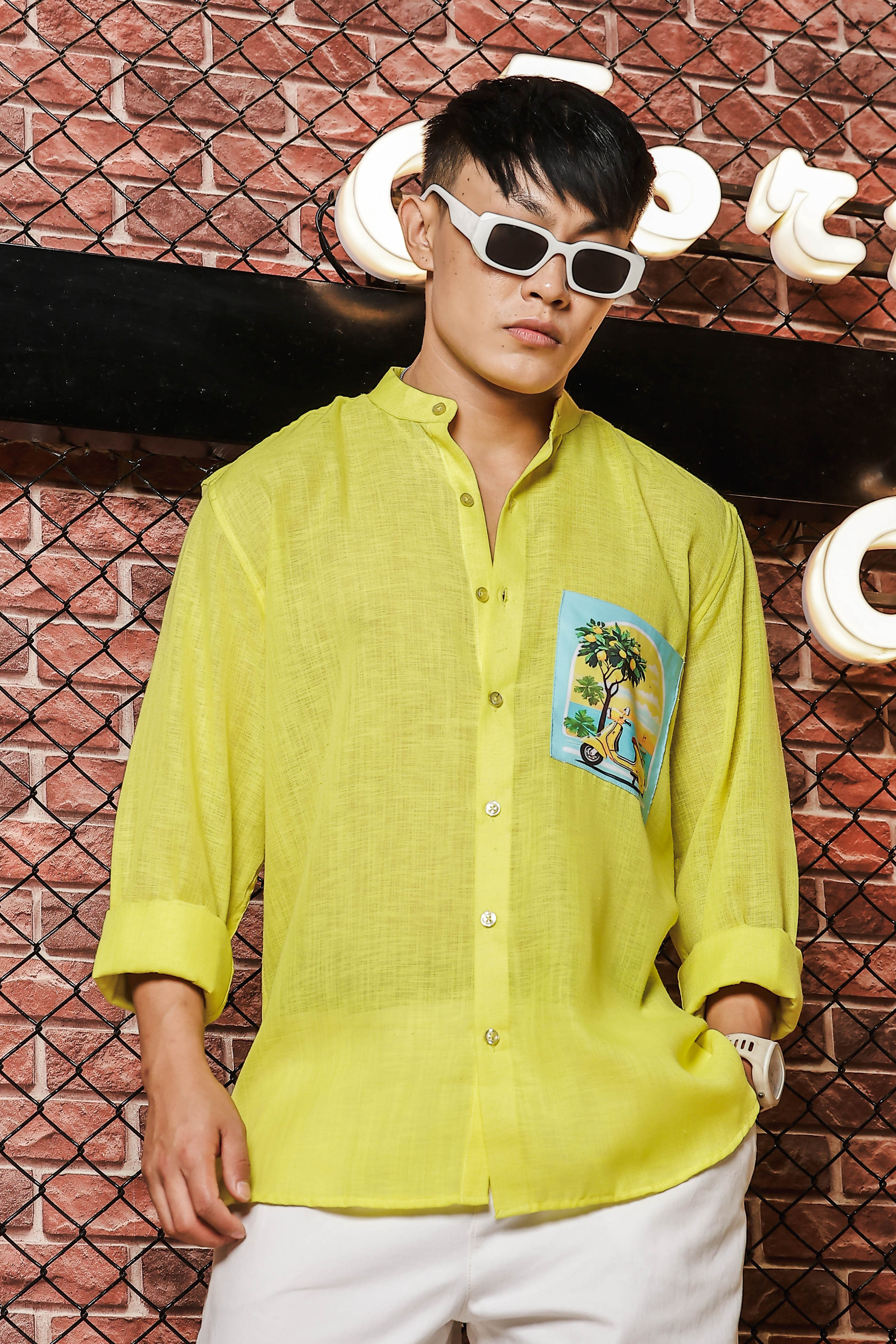 Linen Blend Lime Green MandarinCollar Relaxed Fit Shirt