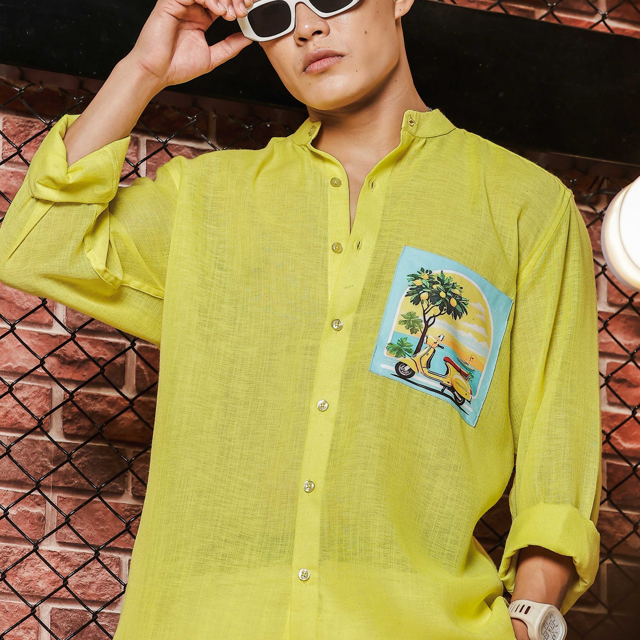 Linen Blend Lime Green MandarinCollar Relaxed Fit Shirt