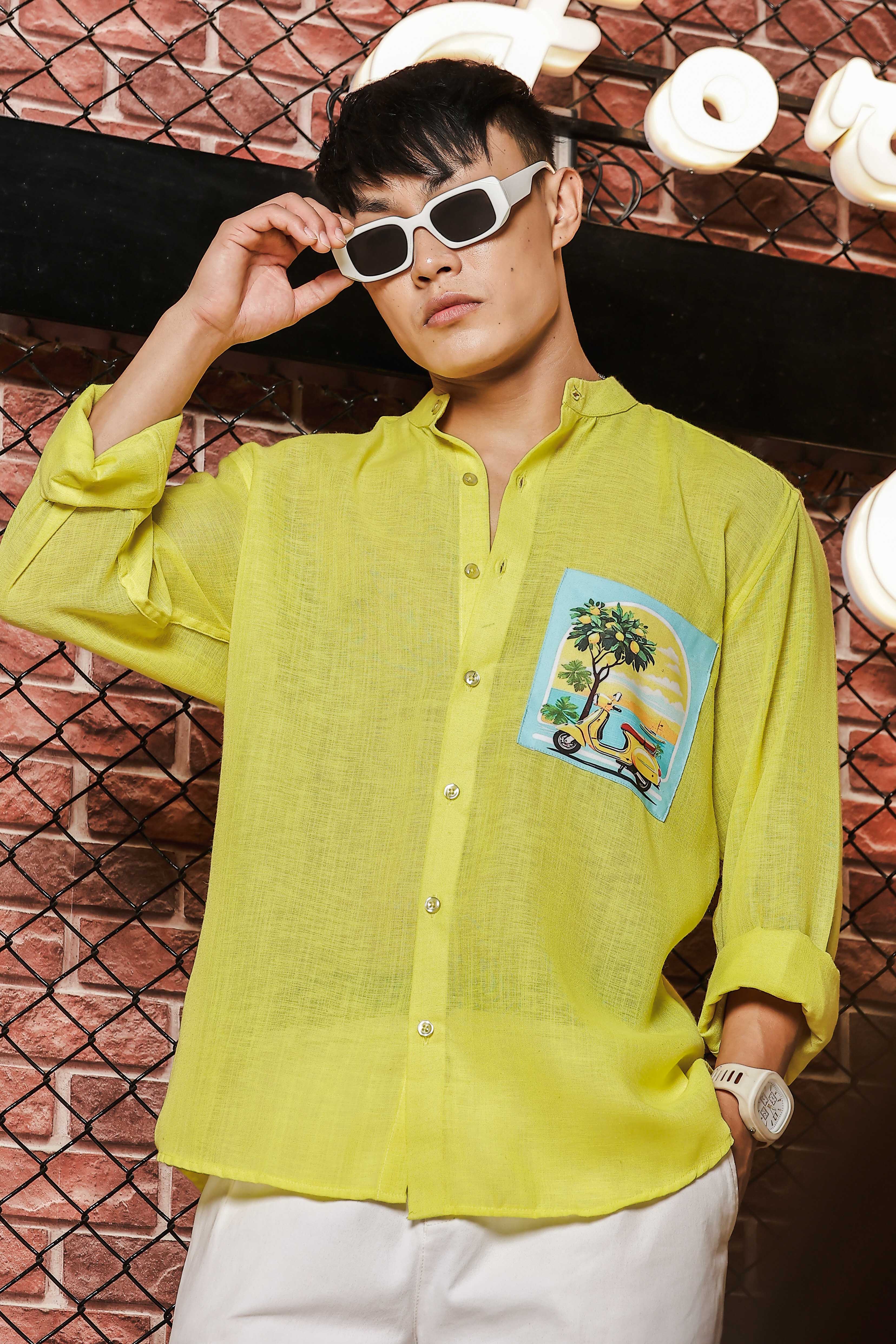 Linen Blend Lime Green MandarinCollar Relaxed Fit Shirt