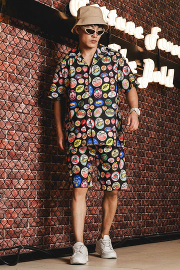 Black Quirk Stamp Themed Printed Relaxed Cuban Shirts & Shorts Co-ord Set