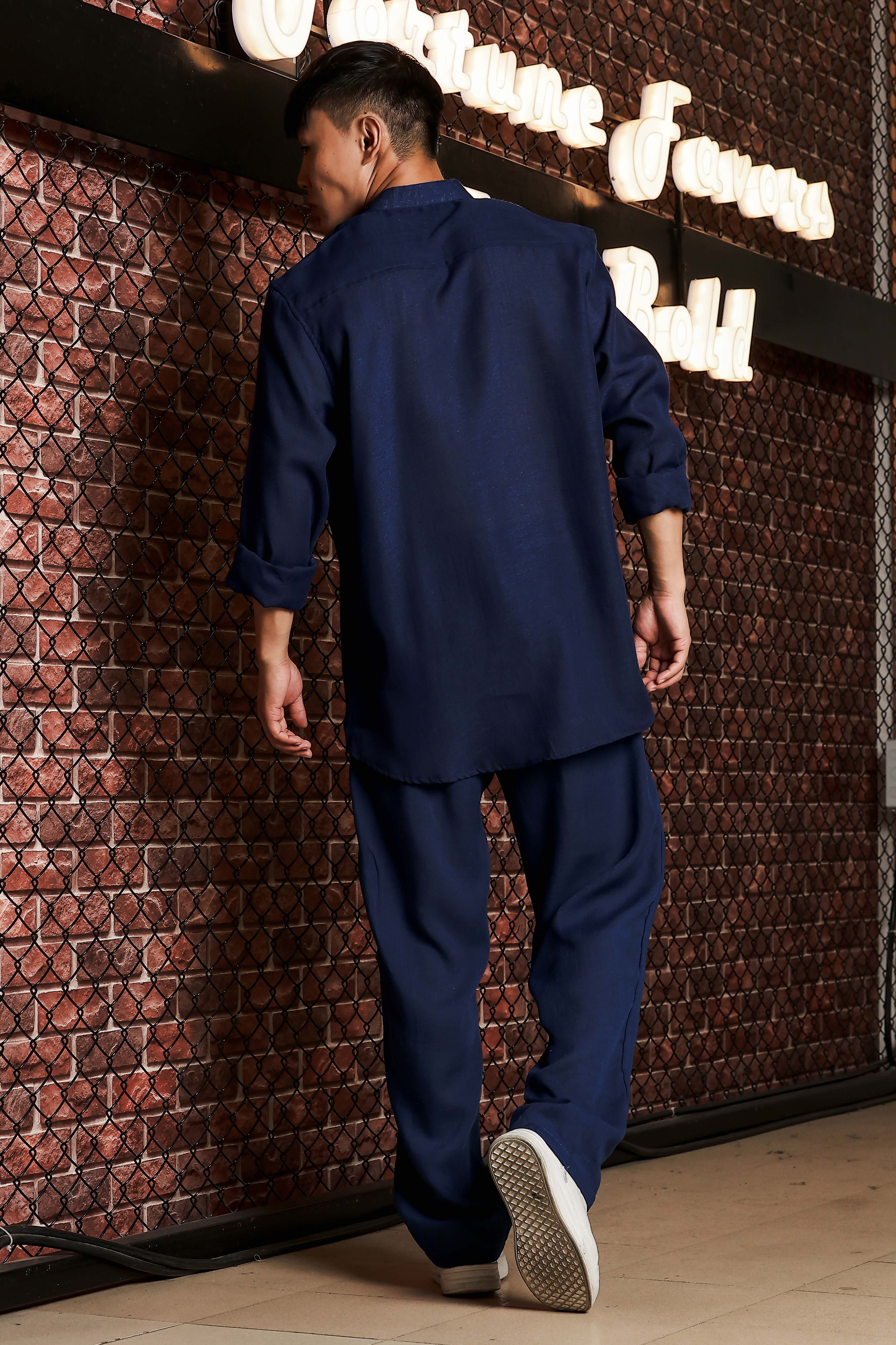 Navy Blue Linen Blend Casual Relaxed Fit Mandarin Collar Shirt & All Day Pants Co-Ord Set