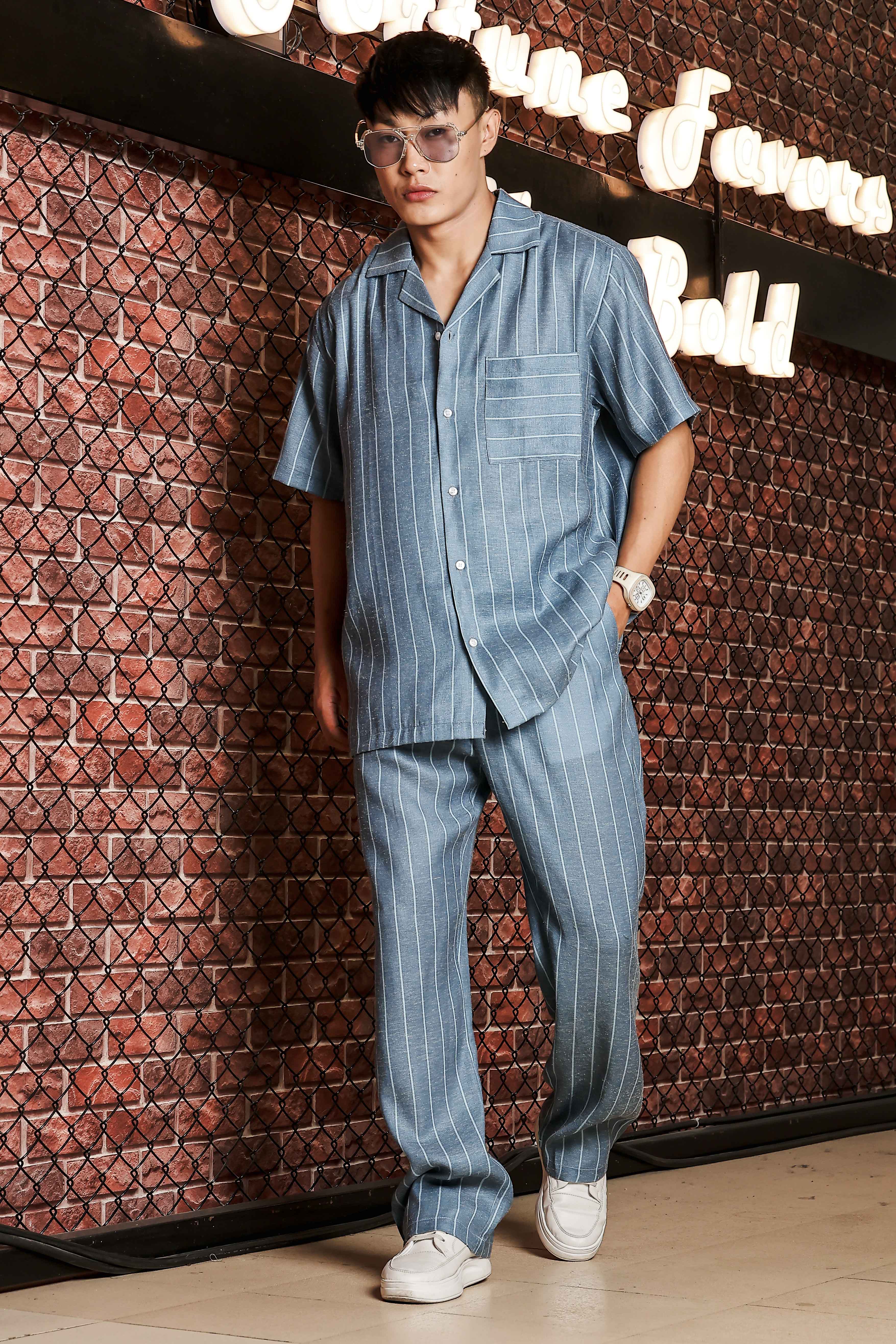 Blue Linen Blend Casual Relaxed Fit Short Sleeve Shirt & Gurkha Pants Co-Ord Set