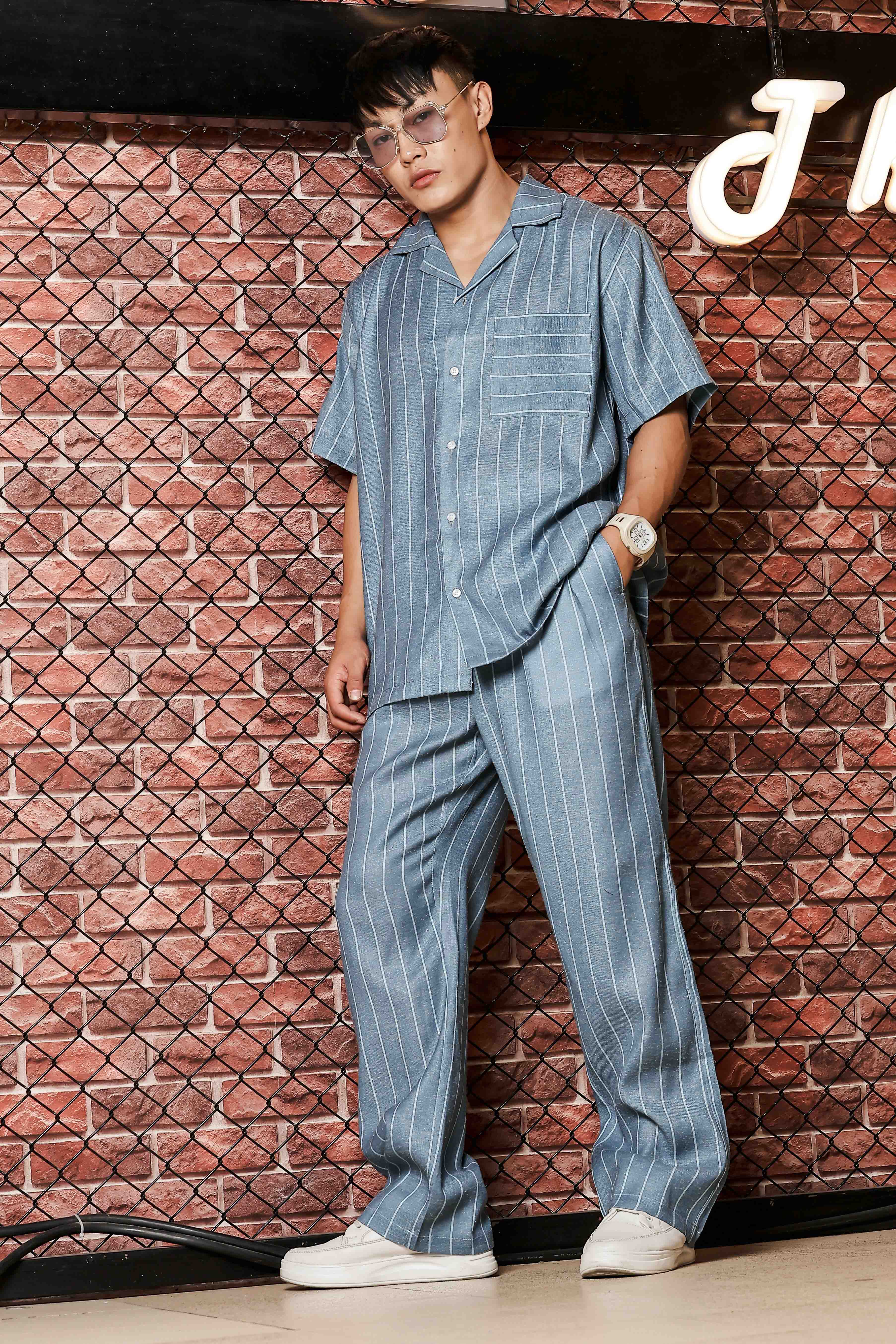 Blue Linen Blend Casual Relaxed Fit Short Sleeve Shirt & Gurkha Pants Co-Ord Set