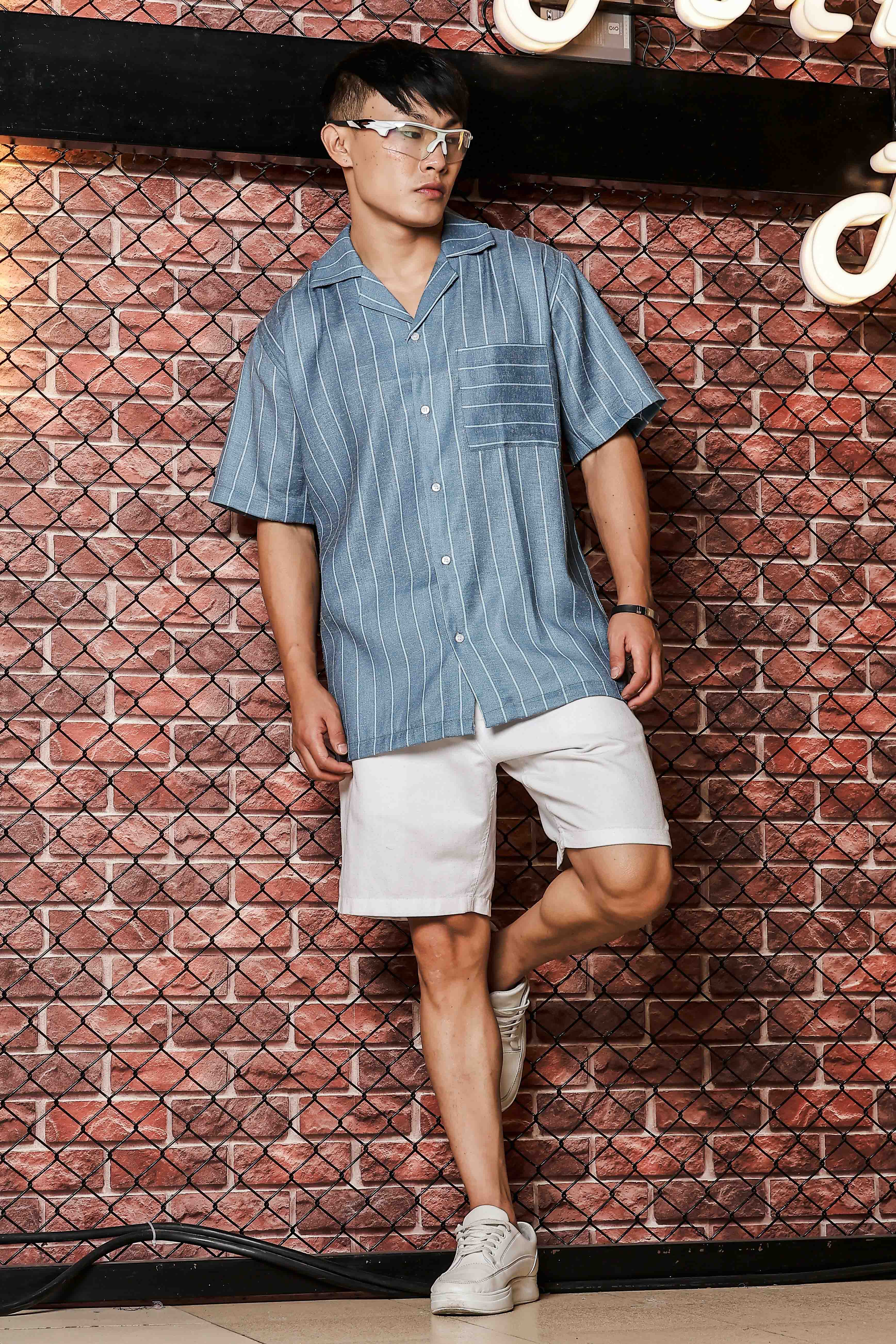 Linen Blend Blue Striped Cuban Collar Classic Relaxed Fit Resort Shirt
