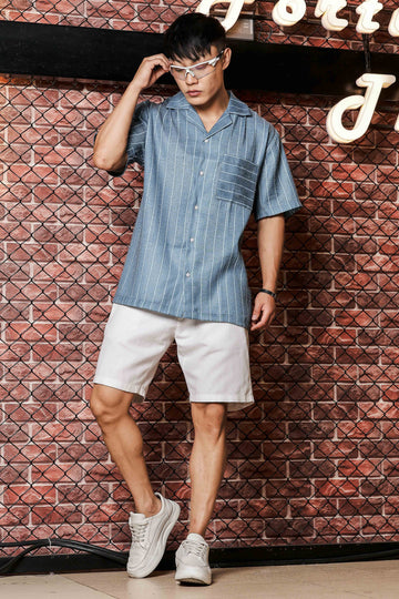 Linen Blend Blue Striped Cuban Collar Classic Relaxed Fit Resort Shirt