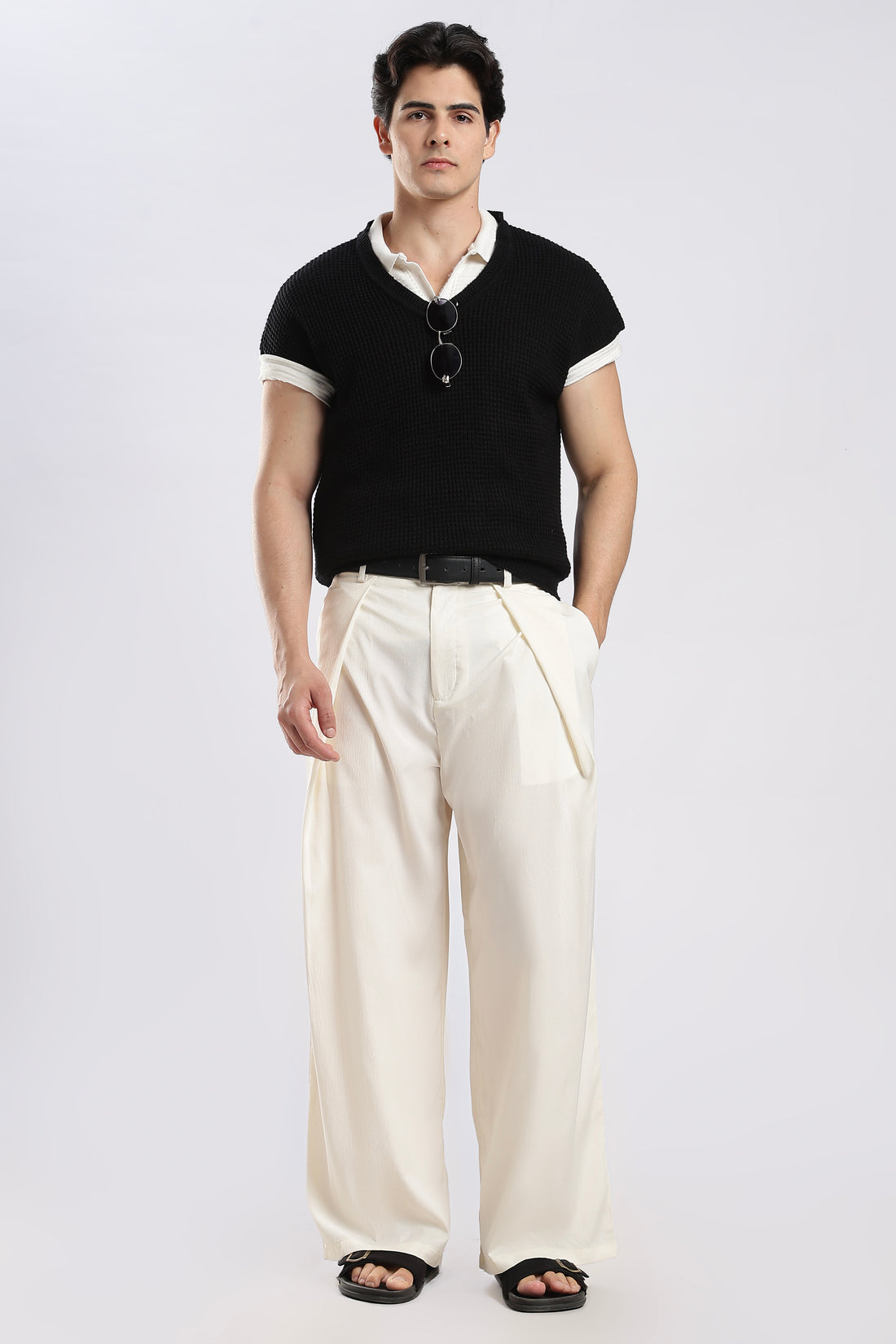 Cream Wide Leg Samurai Trousers with Pleated Front