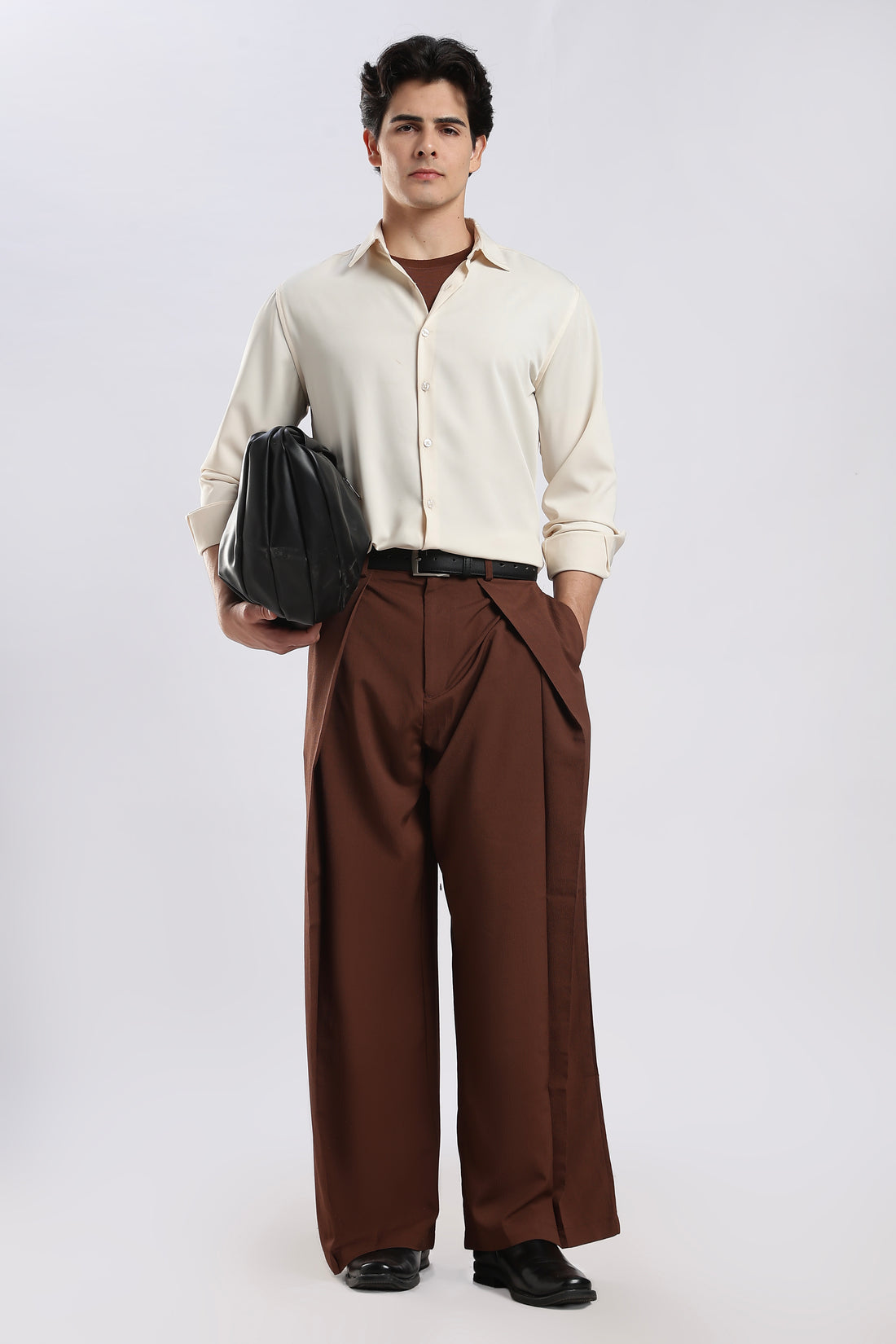 Brown Wide Leg Samurai Trousers with Pleated Front