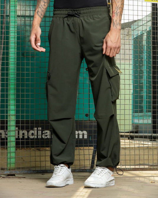Unisex Baggy Fit Olive Parachute Cargo Trousers