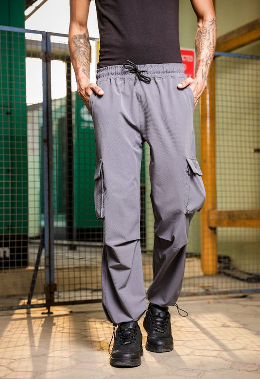 Unisex Baggy Fit Grey Parachute Cargo Trousers