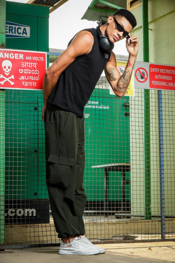 Unisex Baggy Fit Olive Parachute Cargo Trousers