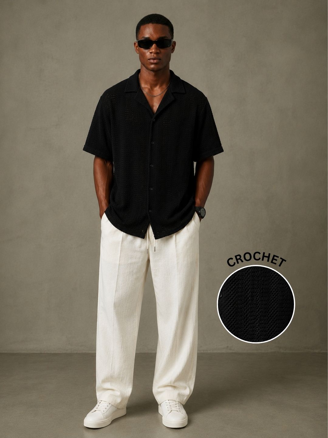 Black Unisex Relaxed Fit Cotton Crochet Resort Shirt